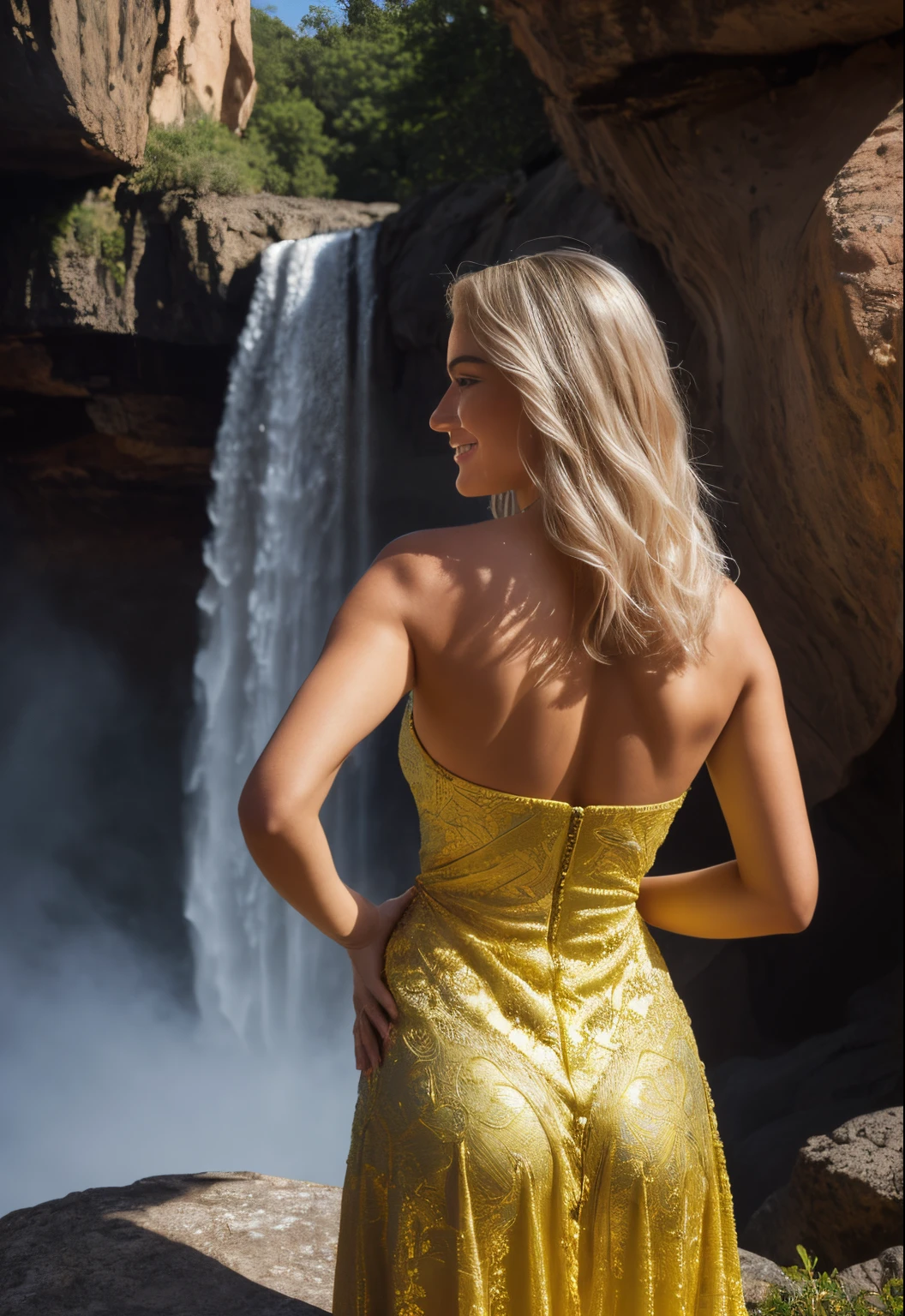 master part, (((supermodelo de figura completa ))) corpo inteiro no quadro, (((magical lighting action shot))) (((Beautiful smiling goddess pale Irish woman arched back on stone surrounded by clouds in the sky vast waterfalls deep fantasy landscape cosmic canyon, galactic, garden out of this world dangerous skies))), (((blue and gold lace exotic intricate heavenly dress showing off the body and side, looking-into-camera))) , ((( cabelos Ruivos, accurate hands, olhos precisos))) Moody Lighting, Hora Azul, cores azuis, Very detailed, dramatic lighting, digital art trending on Artstation 8k HD high definition detailed realistic, circunstanciado, textura da pele, hiper detalhado, textura de pele realista, Armadura, best quality, ultra high-resolution, (fotorrealista:1.4), high resolution, circunstanciado, Foto RAW, sharp re, nikon d850 film stock photograph 4 kodak portra 400 camera f1.6 lens rich colors hyper realistic lifelike texture dramatic lighting unrealengine trending on artstation cinestill 800, (((Anatomia feminina precisa, olhos perfeitos))) (((500px, rolhas, photosight.Ru, Metart, iso noise))) (((Roupas SFW)))