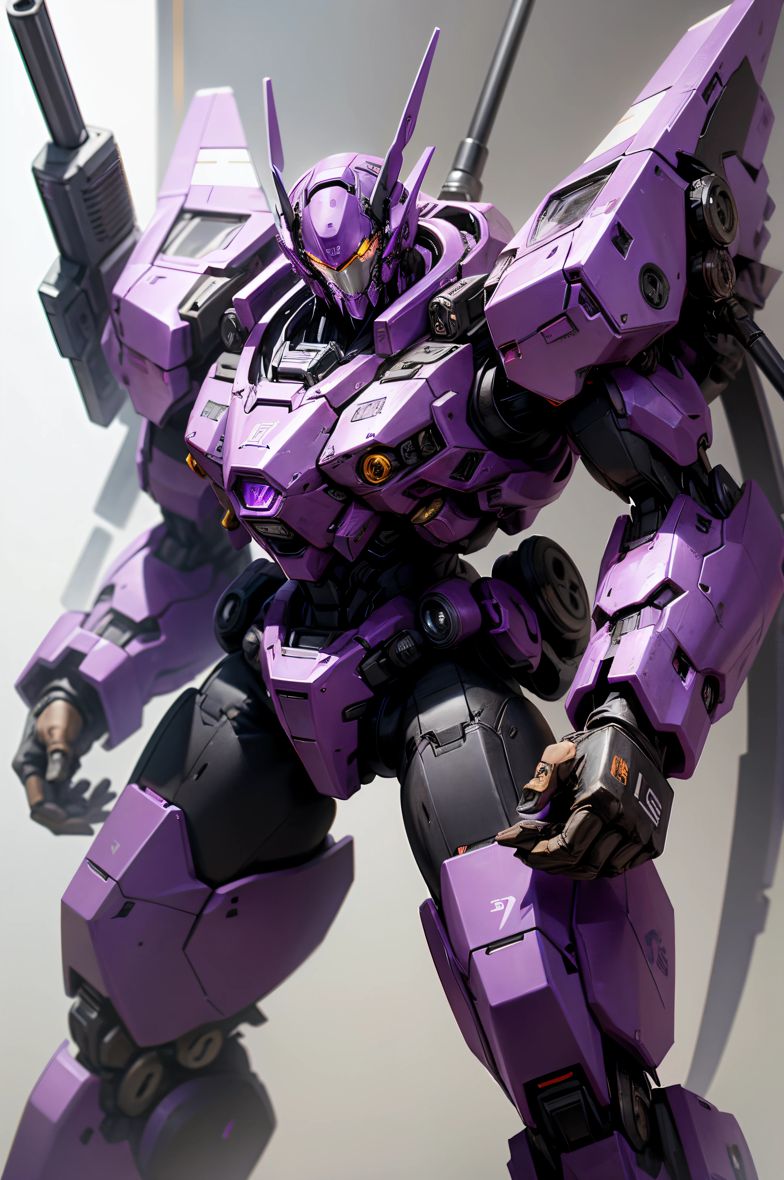 A purple mecha with a gun in its left hand instead of a hand. Ele era apenas um olho, e metal cor roxa.