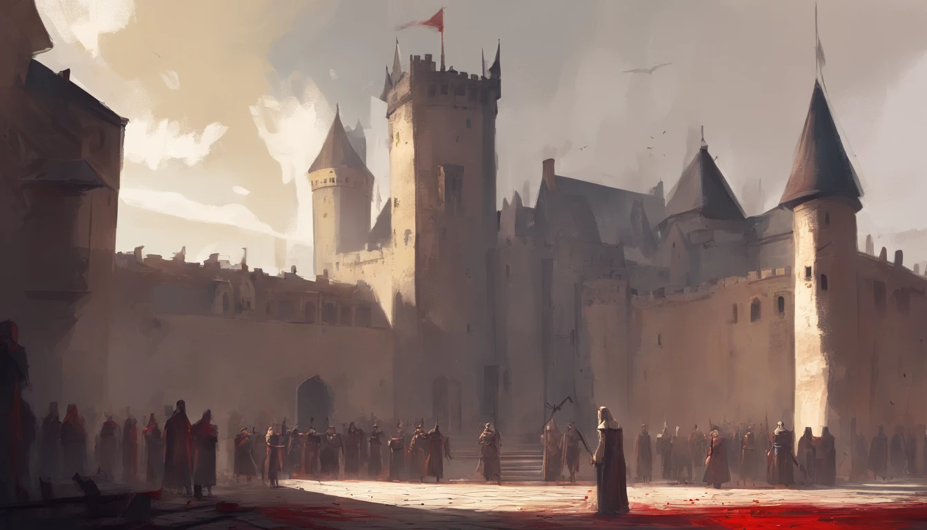 medieval castle courtyard on a cloudy day with cold yellow sunlight. There is an public execution and the air smells of blood and death. people are beheaded on a wooden platform covered in blood. There is dead bodies and covered in blood. There are people around the area watching the beheading.