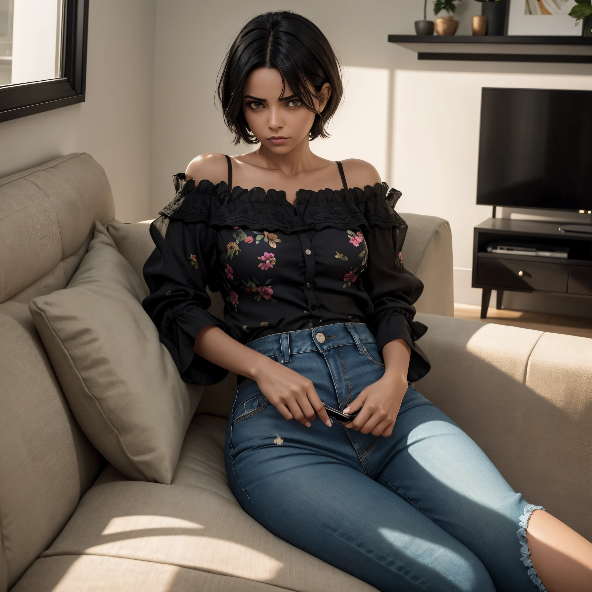 uma jovem de cabelo preto, olhos verdes, short hair up to the shoulders, she is talking on the phone, She is wearing a flowery blouse and jeans, Lying on the sofa in the living room, shes alone, melhor fotografia, obra prima, luz cinematografica, She's smiling, feliz