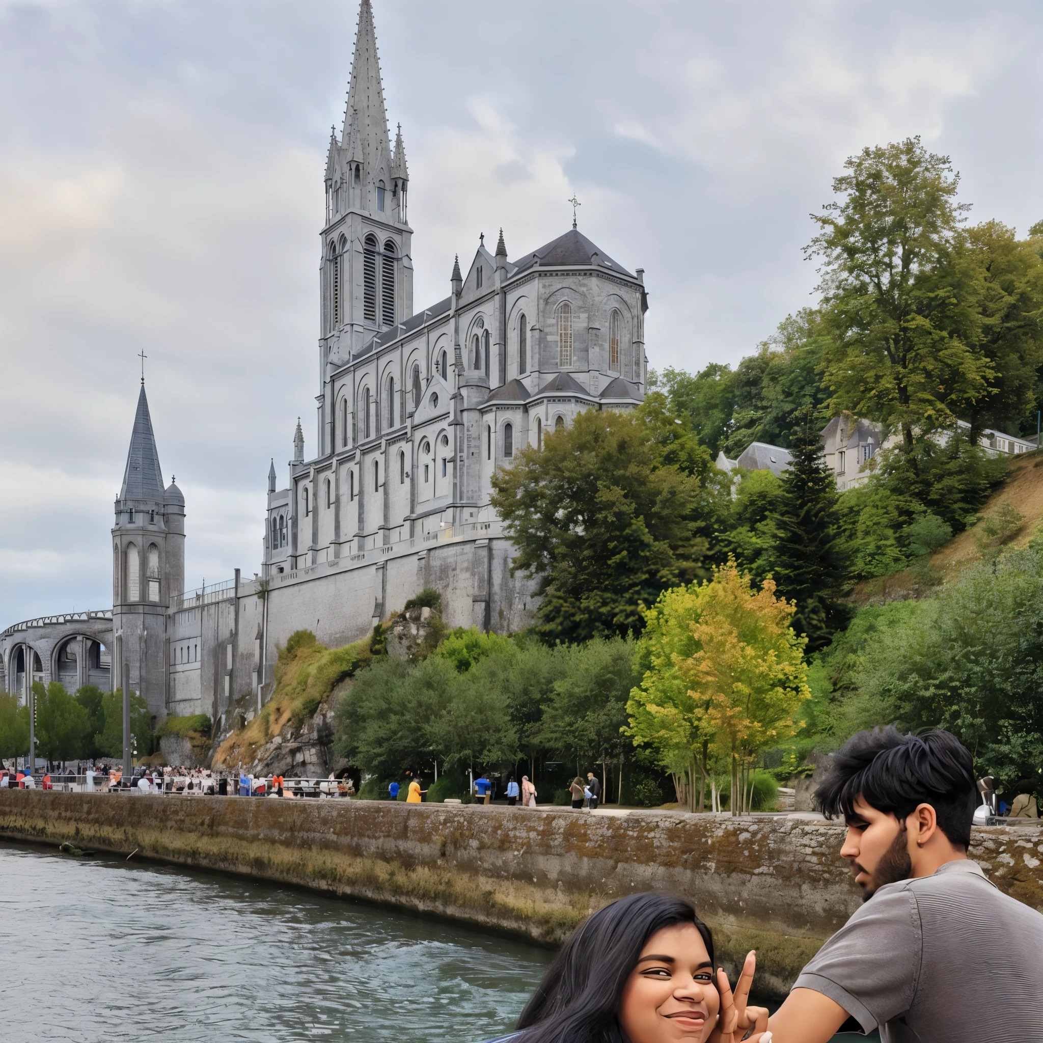 il y a un homme et une femme debout sur un pont au bord de l&#39;eau, The cathedral in the background, with a castle in the background, ( Castle in the background ), Voyager en France, prise en 2 0 2 0, Prise avec Sony Alpha 9, Ancient abbaye en arrière-plan, Shot with Sony Alpha, Image candide, River in the background, At the water's edge