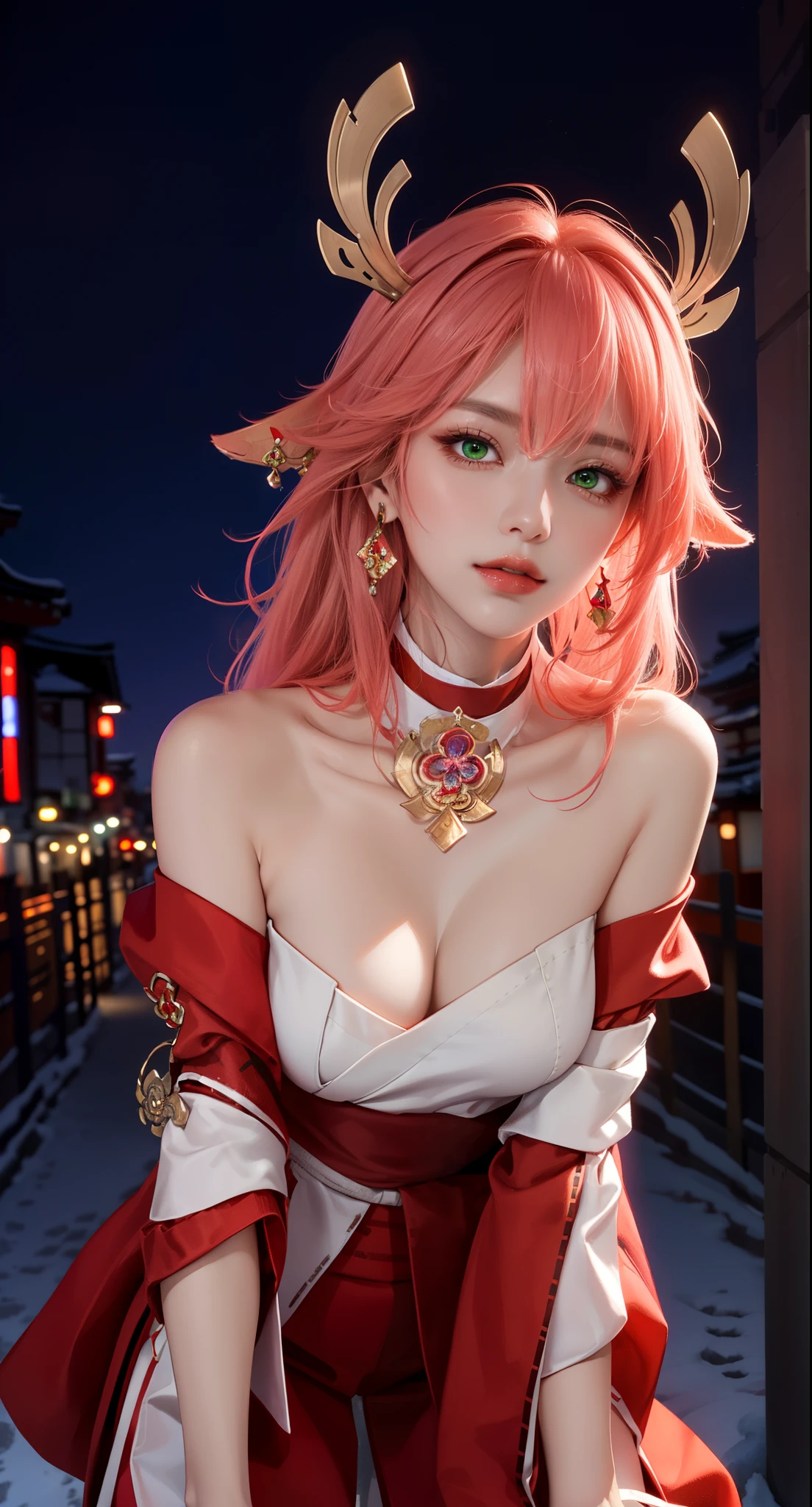 (Masterpiece, Excellent, 1girl, solo, complex details, color difference), realism, ((medium breath)), off-the-shoulders, big breasts, sexy, Yae Miko, long pink hair, red headdress, red highlight, hair above one eye, green eyes, earrings, sharp eyes, perfectly symmetrical figure, choker, neon shirt, open jacket, turtleneck sweater, graffiti, dim lighting, alley, ((mean, seductive, charming)), ((winter background))), ((japan background)))), (((luminous background))), (dynamic pose), (bend at the waist, bend down and look at viewer:1.1), tulle, bare shoulders, blooming flower fields, radiant skin, faint smile, sexy, bust, no breast cover, naked, cocked ass, tummy look