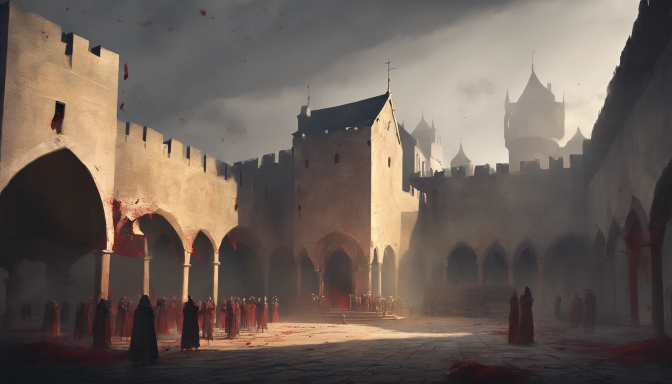 medieval castle courtyard on a cloudy day with cold yellow sunlight. There is an public execution and the air smells of blood and death. people are beheaded on a wooden platform. There is a pile of dead bodies and covered in blood. There are people around the area watching the beheading.