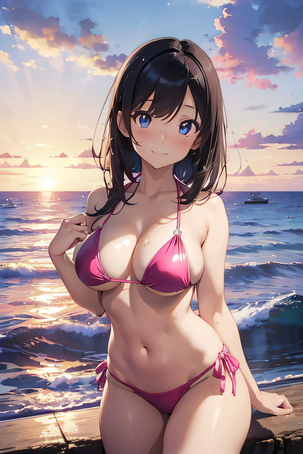 ((masutepiece)),(Best Quality),(((upperbody shot))),photographrealistic, Photos of beautiful JPN-gals, 21years old, upper Shot, Big Breast, cleavage, Wearing shiny clothes (PINK Bikini), Big blue eyes with reflection, Shiny black hair, Just smile, Sunset beach, ocean, splash water,