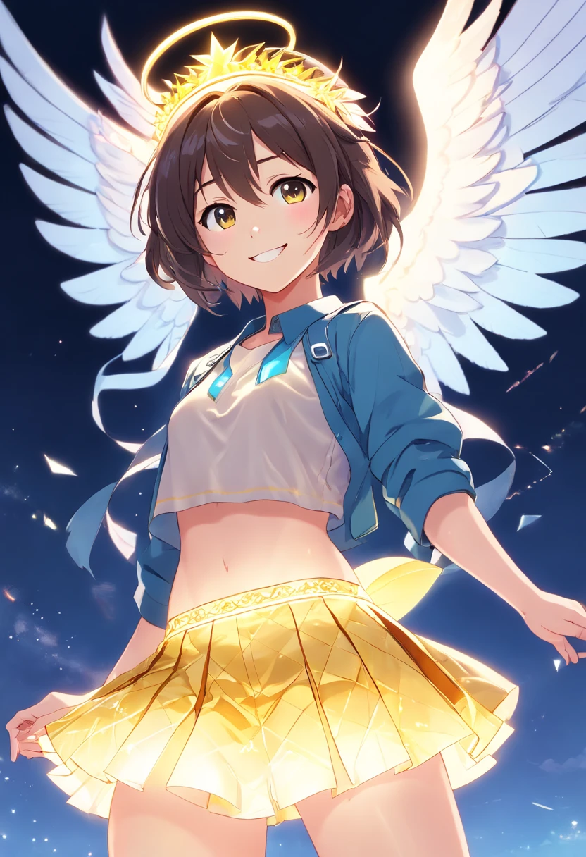 (FULL BODYSHOT:1.4), White background, (1 Angel Girl,Glowing wings, Halo, Exquisite headdress, Smile), (paper art, Quilted Paper Art, Geometry), highly colorful、(((Lifting skirt while standing to show off panties to camera)))、(((Lift the skirt bigger and bigger、Show your panties to the camera)))