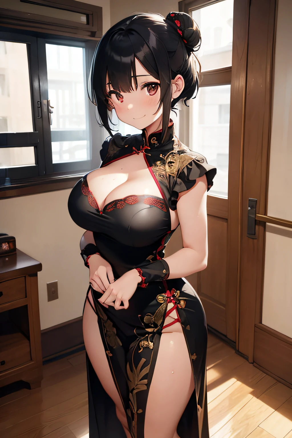 1girl, black hair, short hair, bun, china dress, full body, huge breasts, long dress, red and gold decoration dress, cleavage, standing, light smile, full body, solo focus, bangs, sweat, (mole:0.9), masterpiece, best quality, ultra quality, high quality, realistic, photo realistic, RAW photo, hyper detailed, intricate detailed, neon, bedroom,