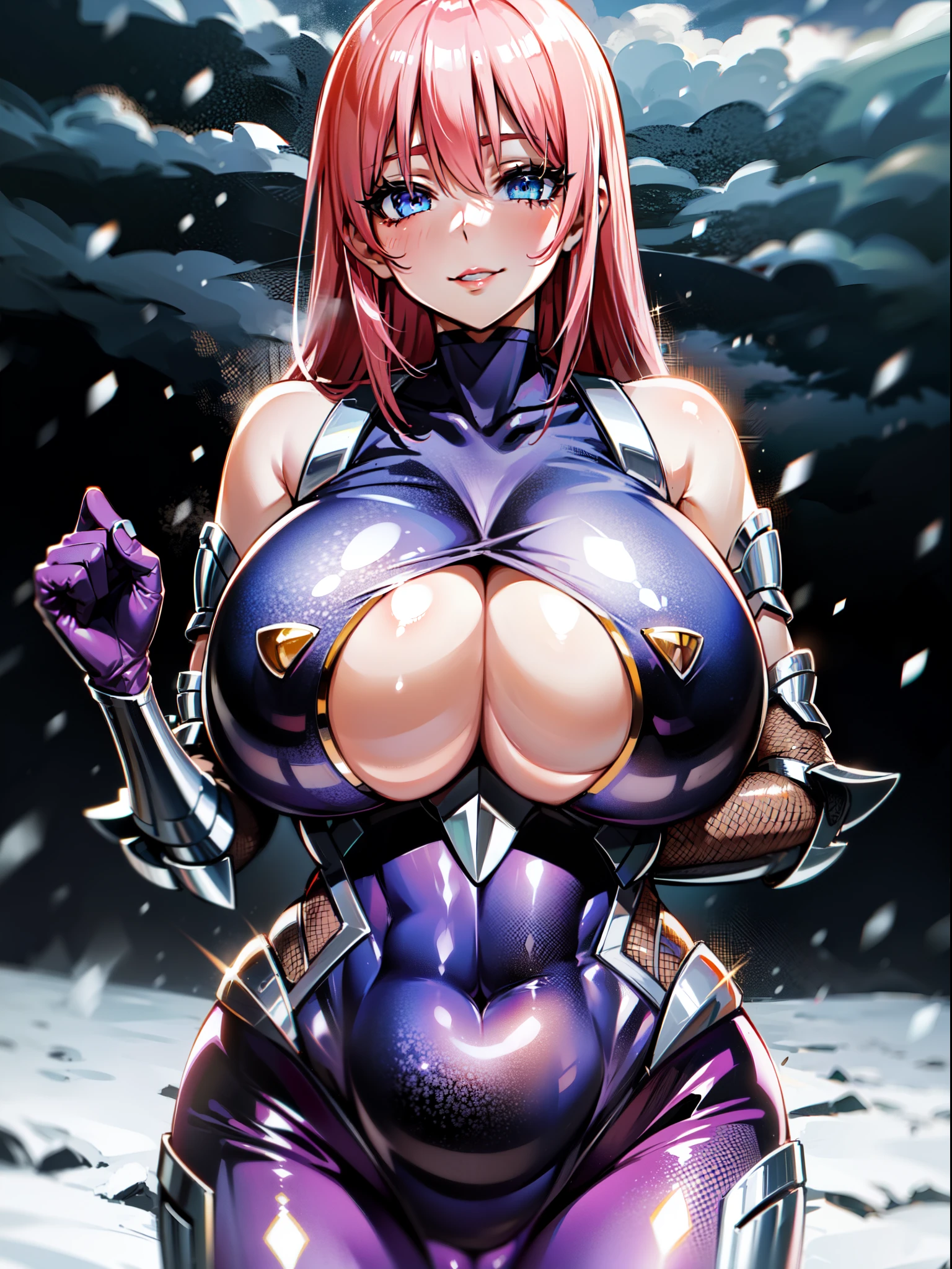 masterpiece, best quality, extremely detailed, 1girl, solo, nakano nino, (huge breasts:1.4), ((((pink hair), long hair, blue eyes))), parted lips, (((rinkooutfit, turtleneck, covered collarbone, impossible bodysuit, skin tight, purple bodysuit, fishnets, underboob cutout, arm guards, black gloves))), ((light smile), closed mouth), ((outdoor, winter, snowing, storm clouds))