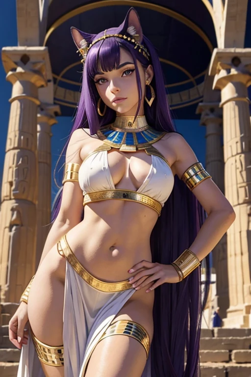 Déesse Egyptienne, Bastet, White Toga, Jewel Dorée, oreilles de chat, Dark and Purple hair, Curved long hair, , belle poitrine,clivage, Charismatic character, In front of a pyramid, Avatar de seconde vie, Nice screenshot, Femme seduisante vue complète du corps, High quality, very detailed skin,