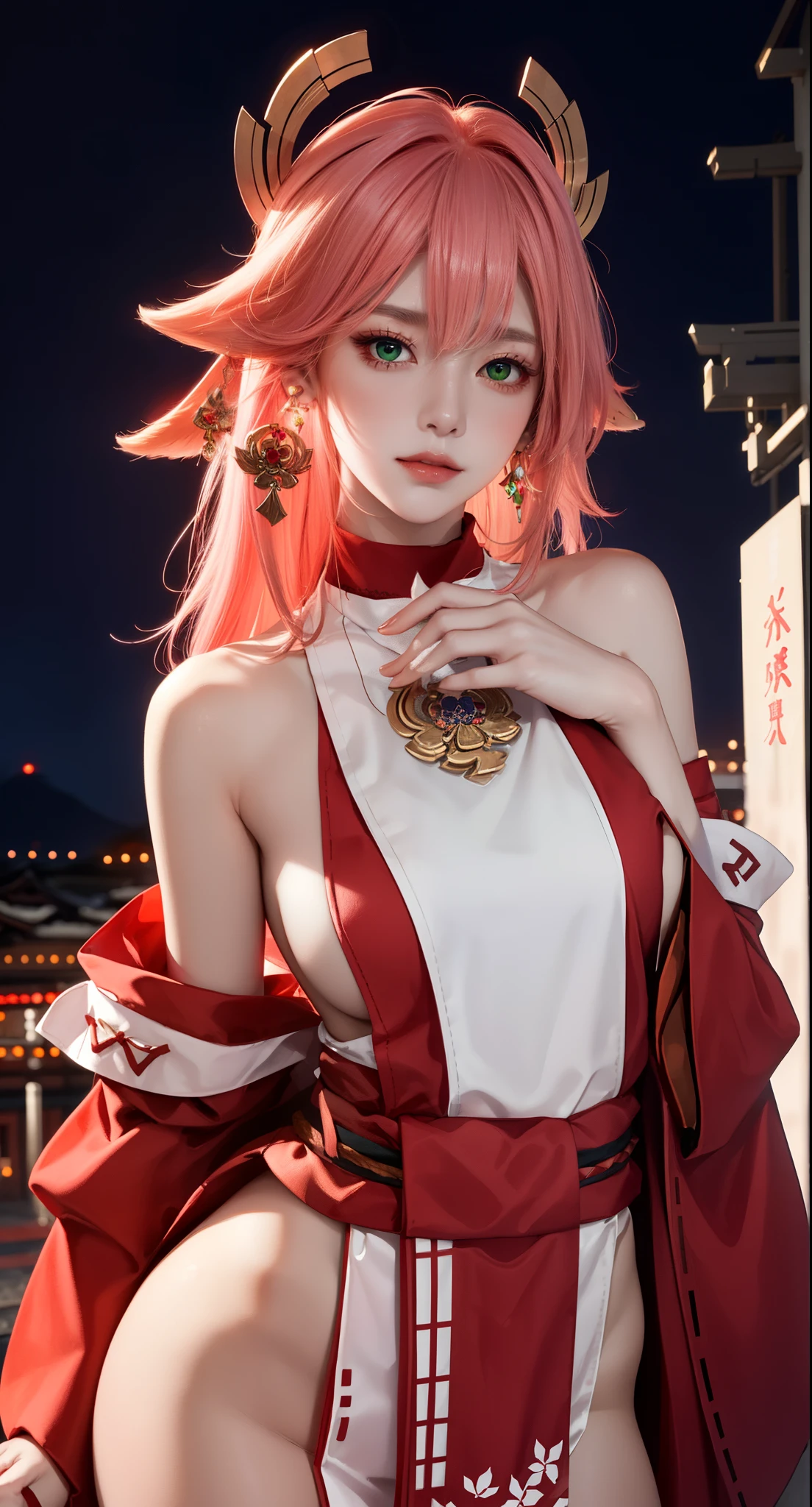 (Masterpiece, Excellent, 1girl, solo, complex details, color difference), realism, ((medium breath)), off-the-shoulders, big breasts, sexy, Yae Miko, long pink hair, red headdress, red highlight, hair above one eye, green eyes, earrings, sharp eyes, perfectly symmetrical figure, choker, neon shirt, open jacket, turtleneck sweater, graffiti, dim lighting, alley, ((mean, seductive, charming)), ((winter background))), ((japan background)))), (((luminous background))), (dynamic pose), (bend at the waist, bend down and look at viewer:1.1), tulle, bare shoulders, blooming flower fields, radiant skin, faint smile, sexy, bust, no breast cover, naked, cocked ass, tummy look