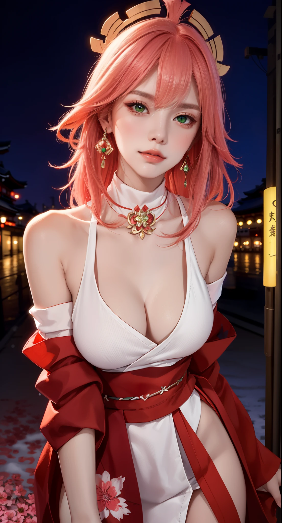 (Masterpiece, Excellent, 1girl, solo, complex details, color difference), realism, ((medium breath)), off-the-shoulders, big breasts, sexy, Yae Miko, long pink hair, red headdress, red highlight, hair above one eye, green eyes, earrings, sharp eyes, perfectly symmetrical figure, choker, neon shirt, open jacket, turtleneck sweater, graffiti, dim lighting, alley, ((mean, seductive, charming)), ((winter background))), ((japan background)))), (((luminous background))), (dynamic pose), (bend at the waist, bend down and look at viewer:1.1), tulle, bare shoulders, blooming flower fields, radiant skin, faint smile, sexy, bust, no breast cover, naked, cocked ass, tummy look