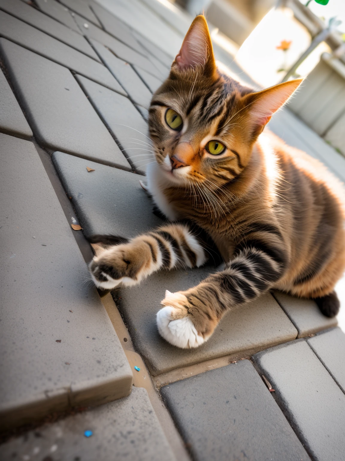 there is a cat that is laying down on the ground, taken with sony alpha 9, picking up a flower, taken with canon eos 5 d mark iv, taken with sony a7r camera, beautiful picture of stray, on the sidewalk, photo of a cat, an artistic pose, taken with canon 8 0 d, on sidewalk