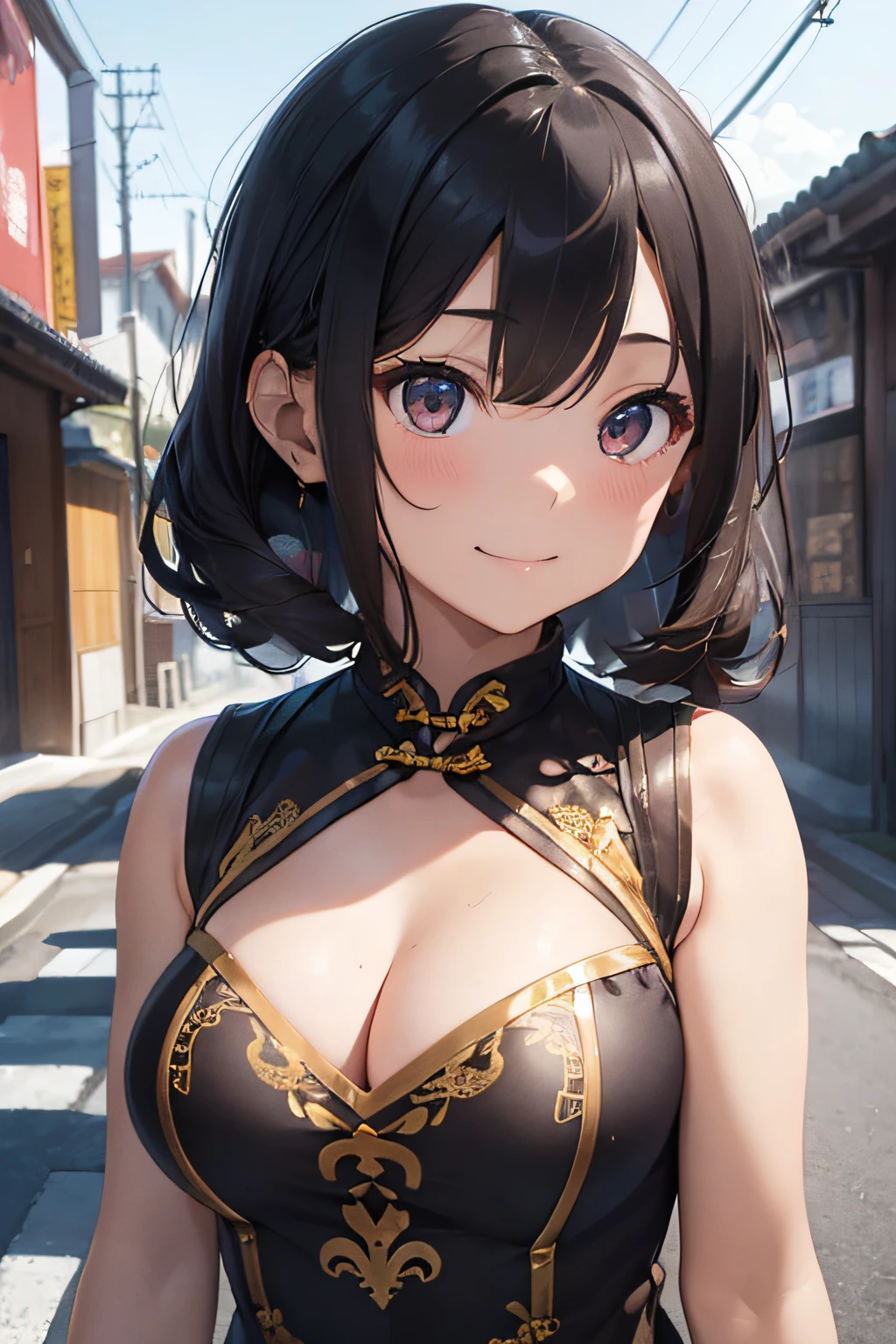 (nffsw,8K, RAW portrait of a beautiful girl, Best Quality, masutepiece:1.2), (superfine illustration:1.3),(Realistic), (highly detailedskin:1.2), Ultra-high resolution,(Lenz 28mm), 1 girl,(23 Private),(japanaese girl),Beautiful face,medium breasts,Medium Hair,(Upstyle:1.4), (Chinese Restaurant),(Smile:1.2),(Golden Cheongsam:1.2),hem、I can see the cleavage、Black hair