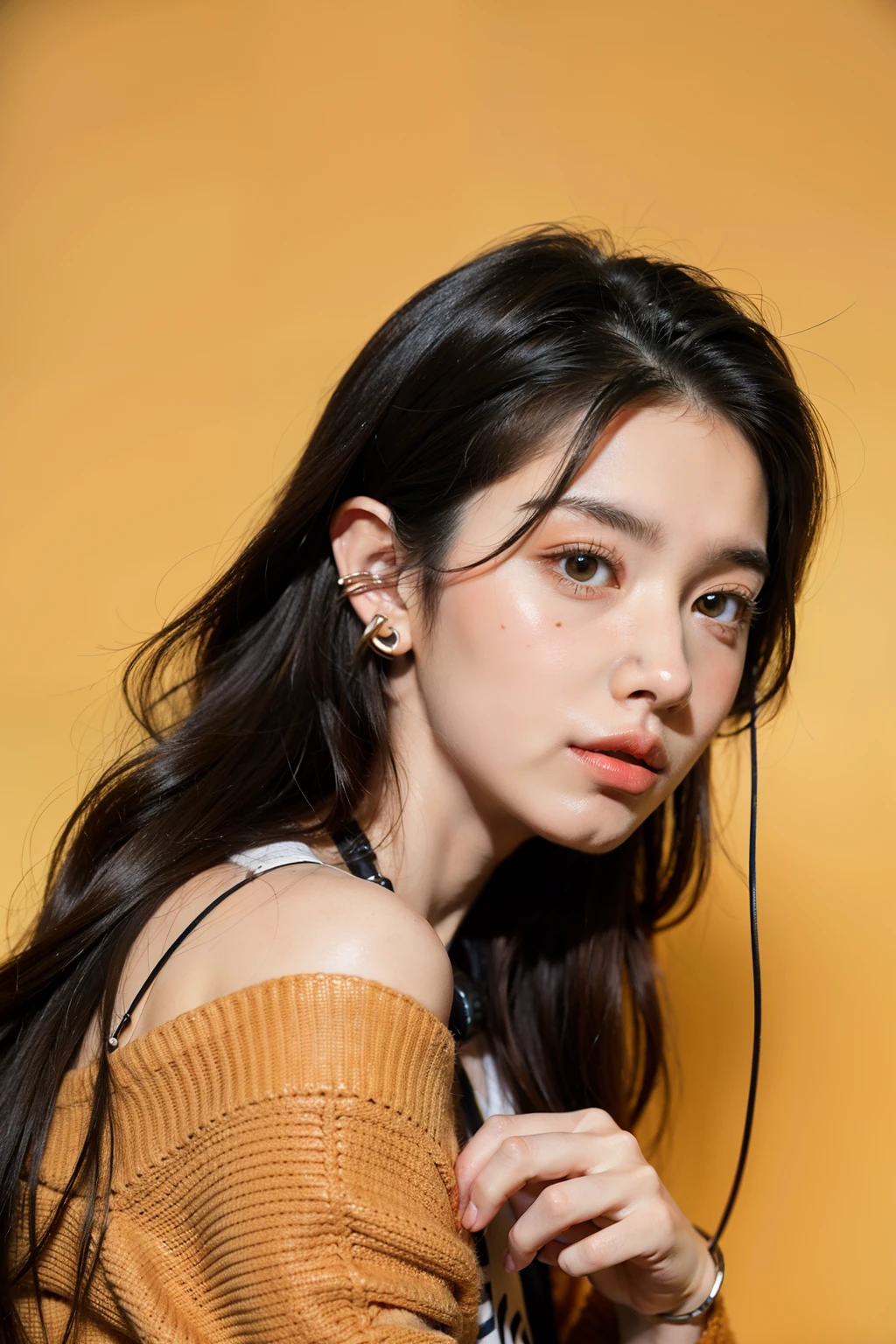 Animation style 20-year-old male college student,orthofacial,Black medium long hair,Single Eyelids,There are stud earrings in the left ear,Have a headset around your neck,On the shoulder lies a cat,The clothes have koi elements,Simple