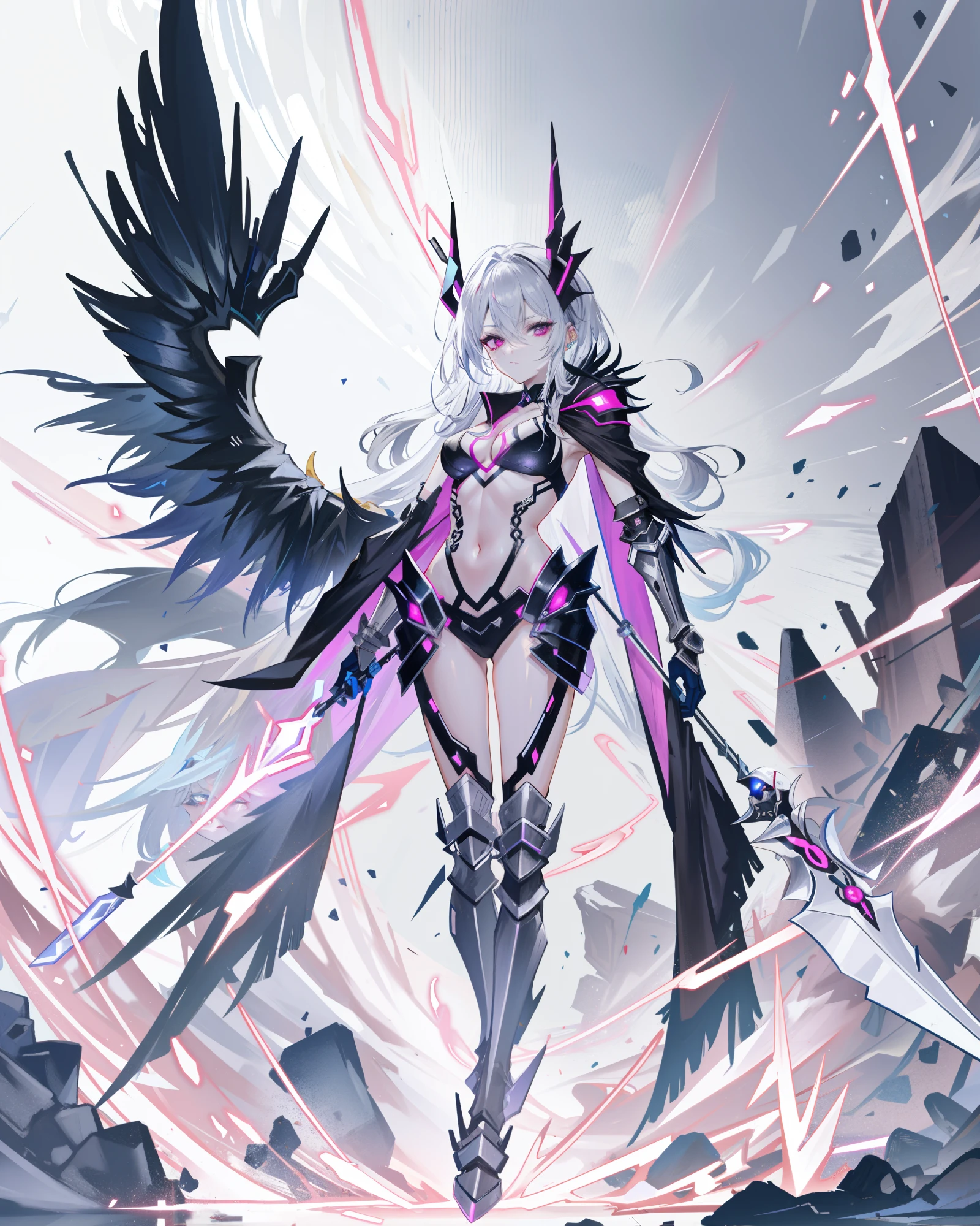 a close-up of a person in costume standing, cybernetic skeleton, punk grim reaper, chrome outfit, wizard cloak based on a toucan, the grim reaper, fuchsia skin under armor, sharp silver armor fuchsia skin, multi-layered outfit, fuchsia skin beneath armor
