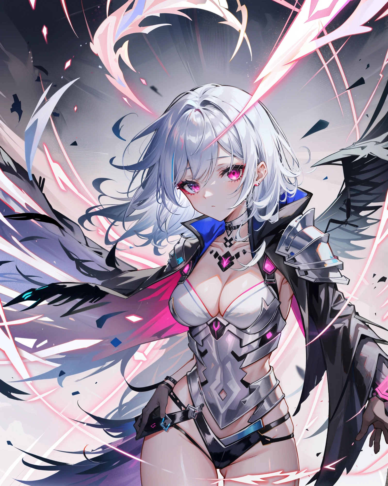 a close-up of a person in costume standing, cybernetic skeleton, punk grim reaper, chrome outfit, wizard cloak based on a toucan, the grim reaper, fuchsia skin under armor, sharp silver armor fuchsia skin, multi-layered outfit, fuchsia skin beneath armor