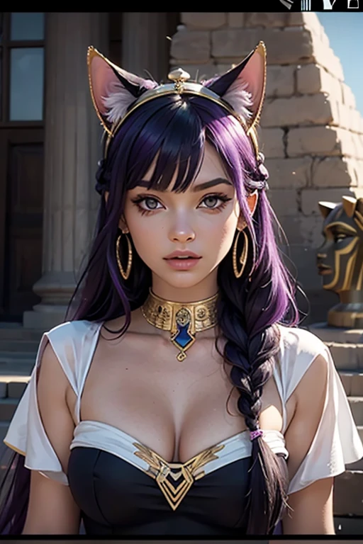 Déesse Egyptienne, Bastet, White Toga, Jewel Dorée, oreilles de chat, Dark and Purple hair, Braided long hair, , belle poitrine, clivage, Charismatic character, In front of a pyramid, Avatar de seconde vie, Nice screenshot, Femme seduisante vue complète du corps, High quality, very detailed skin,