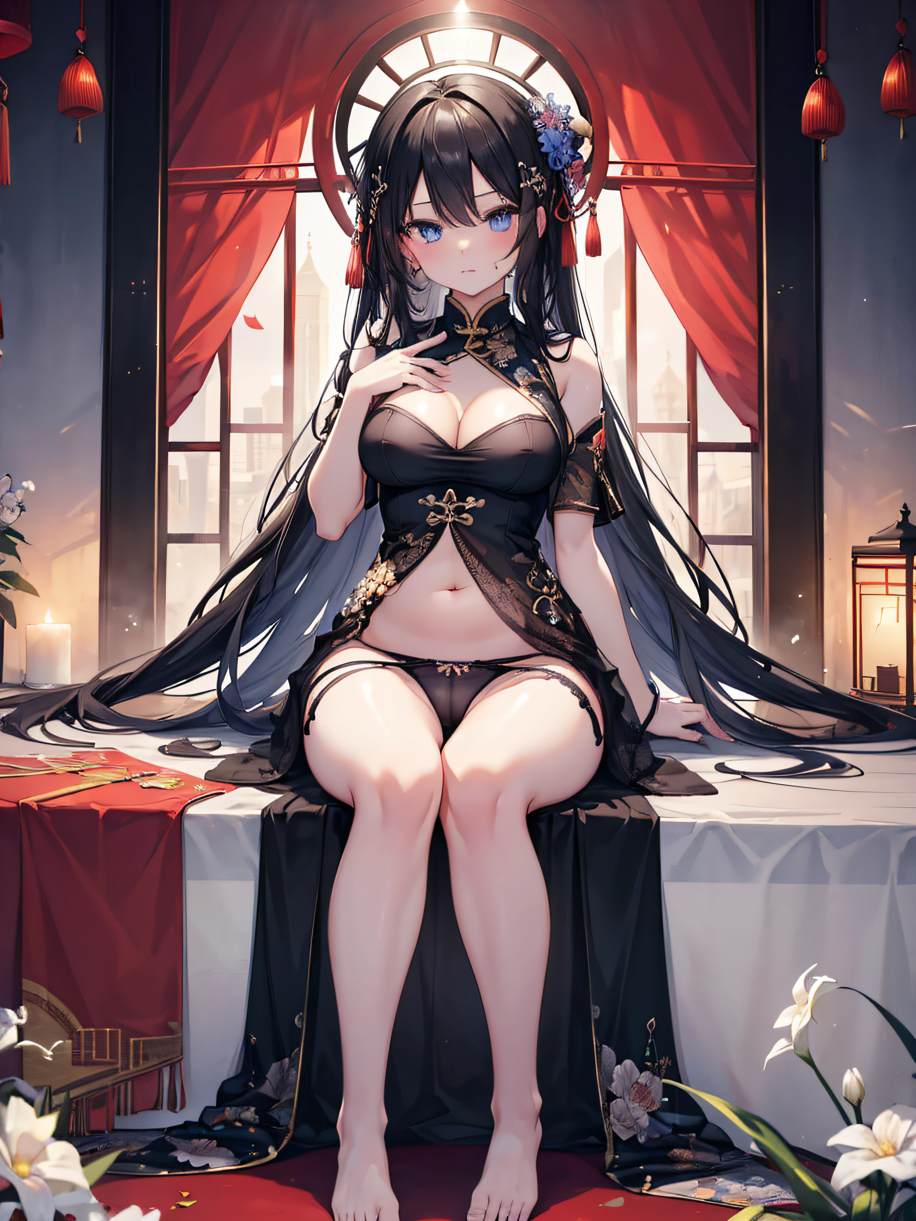 1girl, long black hair, blue eyes, china dress, city, absurdres, high res, ultrasharp, 8K, masterpiece, looking at viewer, steam, (lift skirt), white panty, floral lace undies, cameltoe, sexy, wind lift, see through nipples, beautiful face, sexually suggestive, sitting, spread legs , wet panty, navel, hairpin, collar on neck, full body, licking ice cream, beautiful toes, beautiful hand gesture, collar on thigh , belly button