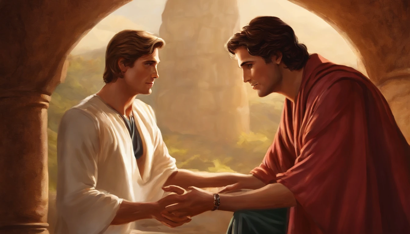 Prompt for advice scene: "Develop a scene of Michael offering advice to his friend, showing their expressions. Convey empathy and calmness in their facial expressions."
