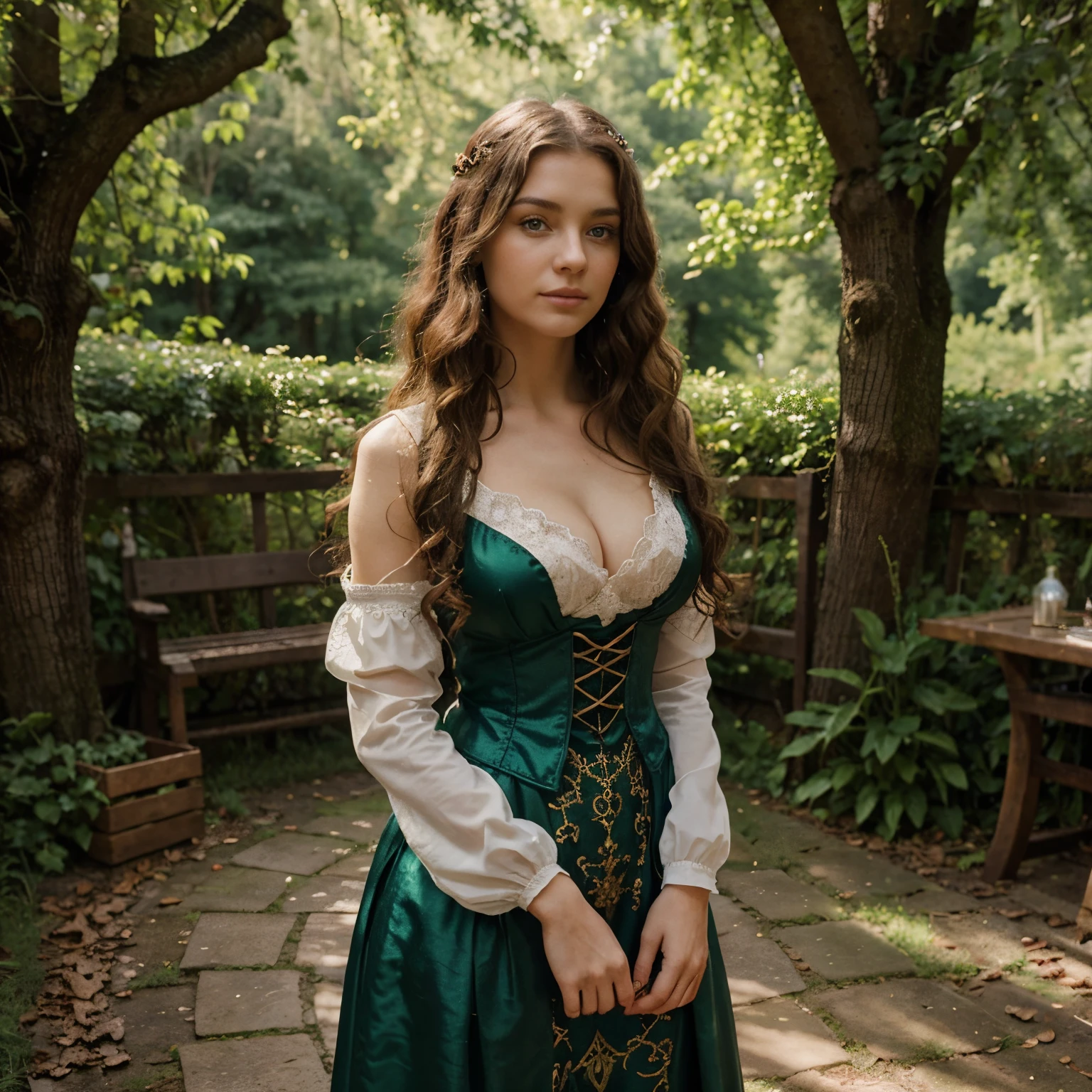 An extremely attractive 20-year-old woman with curly hair and green eyes, wearing a sexy medieval outfit. The surroundings are lush, green forest in the background, creates a fairytale atmosphere. Ihr mittelalterliches Outfit ist detailliert und historisch korrekt, mit edlen Stoffen und aufwendigen Designs, that are typical of the era. Der Gesichtsausdruck der Frau ist gelassen und selbstbewusst, It captures its beauty and the essence of the medieval theme