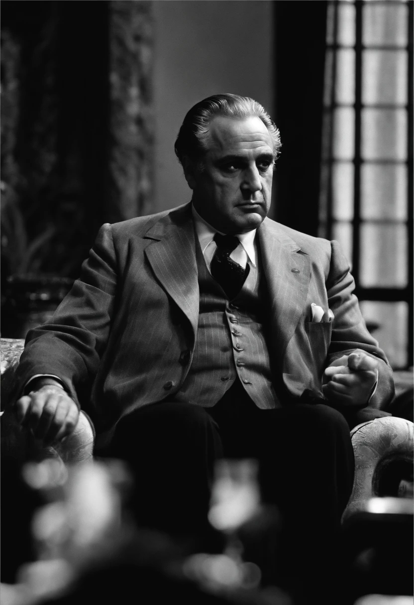 A black and white photo of Don Vito Corleone discussing business with a group of influential figures,The Godfather,Don Vito Corleone has a distinctive and memorable appearance that adds to his powerful presence.
1. Bald Head: Don Vito Corleone is depicted as having a bald head, which is often seen as a symbol of his wisdom and authority. His smooth and clean-shaven scalp enhances his commanding presence and gives him a distinctive physical trait.
2. Strong Facial Features: Don Vito Corleone has a strong and expressive face. He is often portrayed with a prominent jawline and high cheekbones, which contribute to his rugged and formidable appearance. His face carries a sense of gravitas and intensity, reflecting the weight of his responsibilities and the power he wields.
3. Piercing Eyes: One of the most striking features of Don Vito Corleone's look is his piercing gaze. His eyes are often depicted as dark and intense, capable of conveying a range of emotions from kindness to sternness. They reflect his sharp intellect and ability to see through people and situations.
4. Distinguished Aging: Don Vito Corleone is typically shown as an older man, and his aging features add to his aura of wisdom and experience. He may have wrinkles and lines on his face, indicating the passage of time and the hardships he has endured. These signs of aging also serve as a visual testament to his resilience and strength.
5. Formal Attire: Don Vito Corleone is known for his impeccable sense of style and typically dresses in elegant and formal attire. He often wears well-tailored suits, often in dark colors like black or charcoal gray. His clothing reflects his status as a powerful and respected figure, exuding an air of sophistication and respectability.
6. Accessories: Don Vito Corleone is often seen wearing accessories that further enhance his character. He may wear a fedora hat, which adds a touch of classic charm and authority to his look. Additionally, he might have a signature ring, such as the iconic Don's ring, which symbolizes his position of power within the Corleone family.
Overall, Don Vito Corleone's look combines strength, elegance, and a sense of timeless style. His physical appearance serves as a visual representation of his character, reflecting his power, wisdom, and status as the formidable leader of the Corleone crime family.
7. Broad Shoulders and Sturdy Build: Don Vito Corleone is often depicted as having a robust and solid physique. He has broad shoulders and a sturdy build, which adds to his imposing presence and physical strength. This physical stature further emphasizes his role as a dominant figure within his criminal empire.
8. Facial Expressions: Don Vito Corleone's face is known for its ability to convey a range of emotions and nuances. He can exhibit a calm and collected expression, exuding an air of authority and control. At the same time, his face can transform to reflect his anger, disappointment, or tenderness, making his emotions palpable and adding depth to his character.
9. Graying Hair: In many portrayals, Don Vito Corleone has graying or salt-and-pepper hair, which signifies his age and experience. The touch of gray in his hair adds to his distinguished appearance, suggesting wisdom and maturity. It serves as a visual cue for his years of being a respected and influential figure within his community.
10. Scar: In some depictions, Don Vito Corleone may have a visible scar on his cheek or jawline. The scar serves as a reminder of the dangers and conflicts he has faced throughout his life. It hints at his past struggles and the violence that permeates his world, further emphasizing the complexity of his character.
11. Stoic Expression: Don Vito Corleone often maintains a stoic expression, revealing little of his inner thoughts or emotions. This reserved demeanor adds to his air of mystery and unpredictability. It also reflects his ability to keep a calm and composed exterior even in the face of challenging situations, further enhancing his image as a master strategist.
12. Body Language: Don Vito Corleone's body language is often measured and deliberate. He moves with purpose and confidence, commanding attention wherever he goes. His gestures and postures exude a sense of authority, reinforcing his position as a leader and someone to be respected.
These additional details about Don Vito Corleone's look contribute to his iconic and memorable appearance. The combination of his physical features, attire, and body language helps establish him as a formidable and enigmatic figure in the world of "The Godfather."