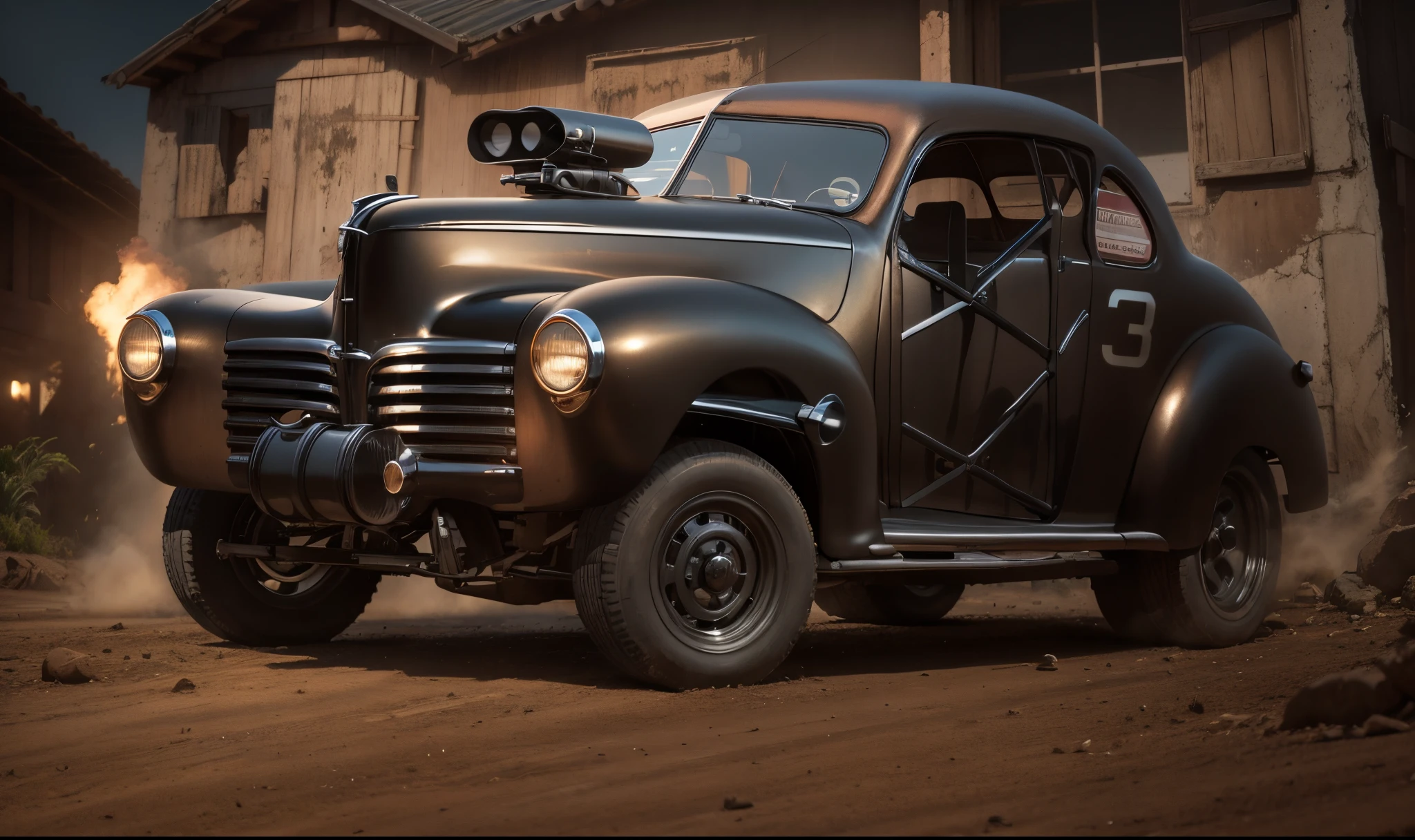 Um imponente e poderoso Hudson Preto modelo Gasser 1942 com rodas estilizadas e alongadas, no contexto de um celeiro em uma fazenda