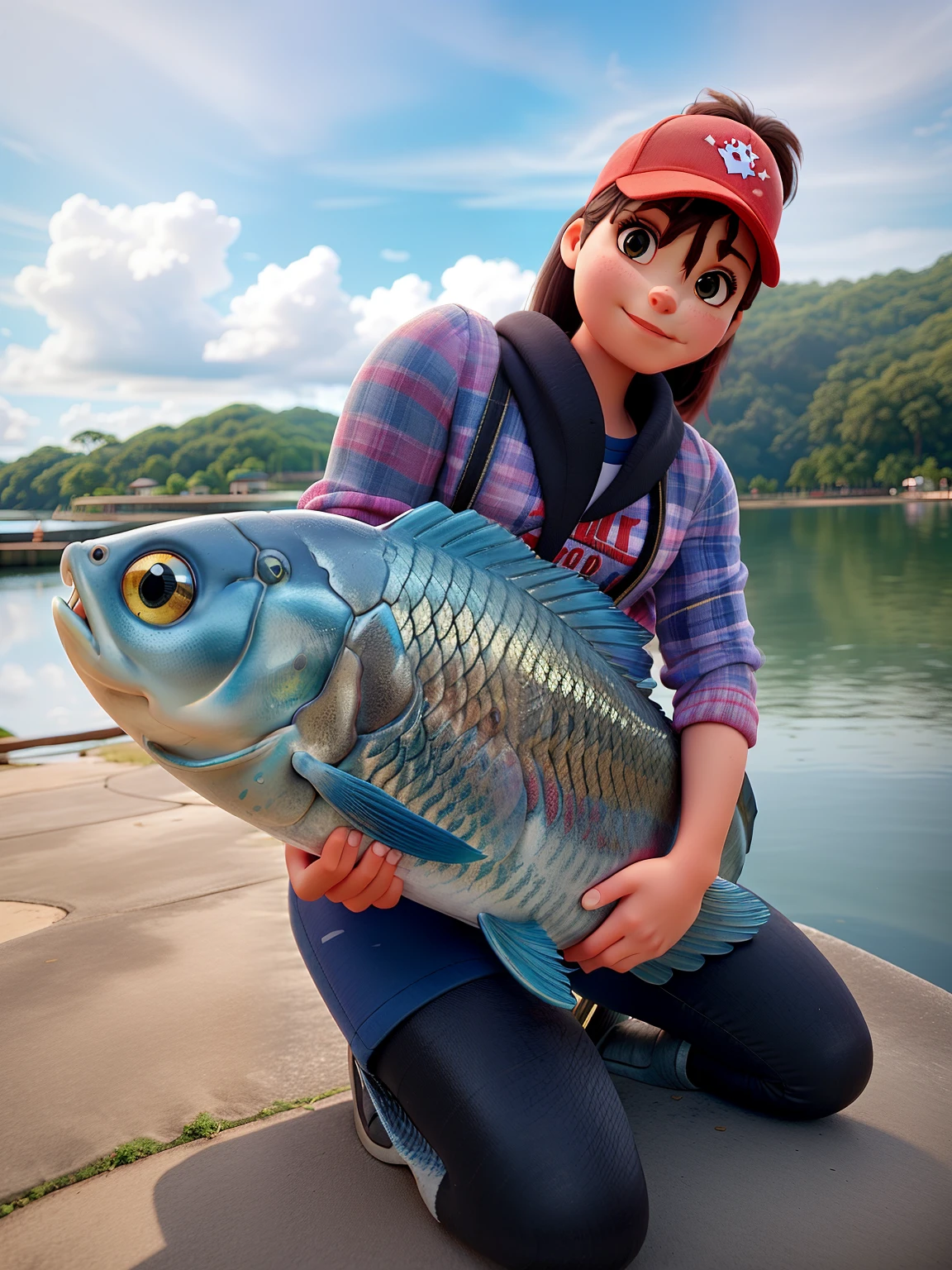 A girl crouches on her knees with a huge fish in her arms, em uma plataforma de concreto na beira de um lago