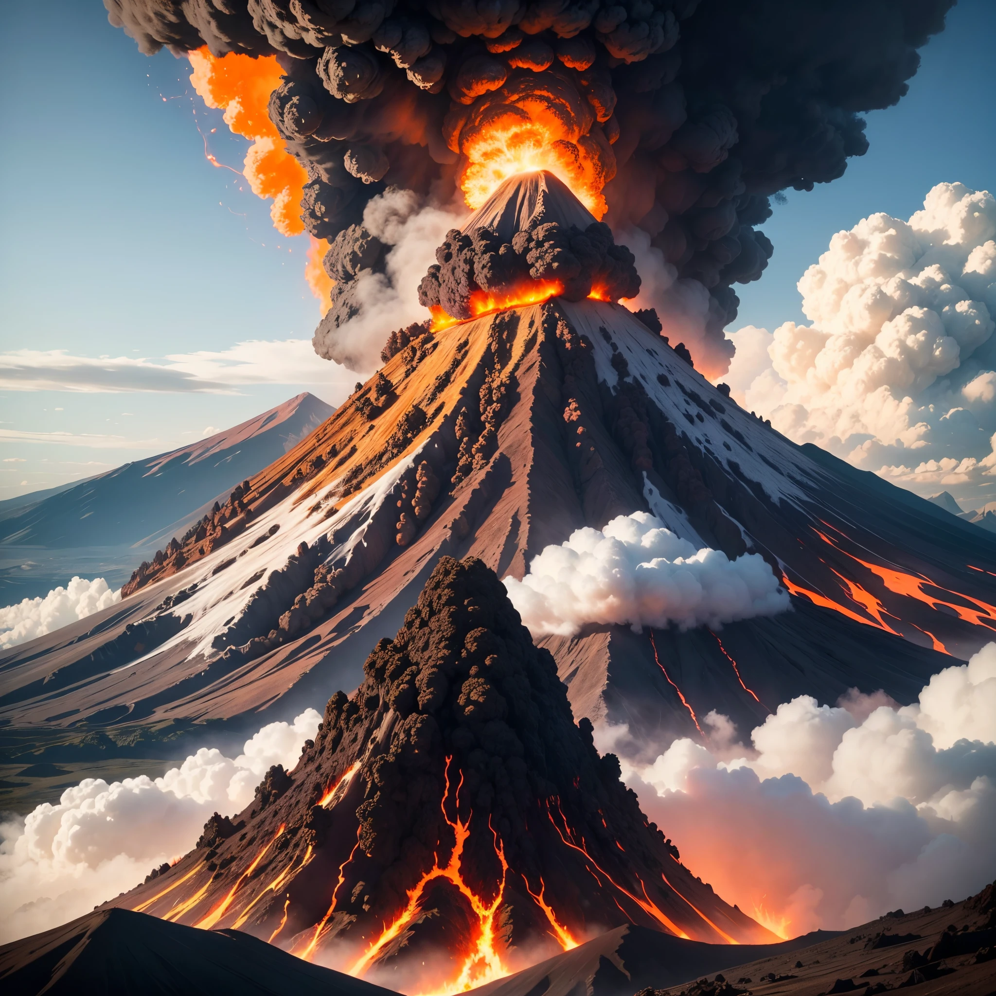 (The erupting volcano) is spitting lava into the air in a dramatic burst of vibrant colors. The yellow and light and dark orange hues mix with oily black spots, creating an apocalyptic scenario.