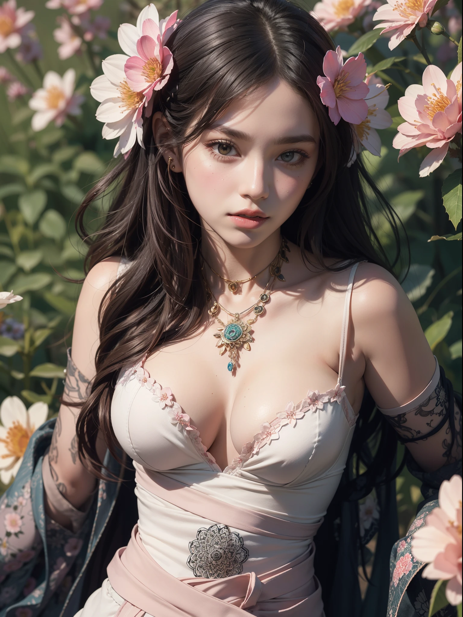 1girl, solo, waist up, from above, (zentangle, mandala, tangle, entangle), (flower blossom:1.2) official art, unity 8k wallpaper, ultra detailed, aesthetic, masterpiece, best quality, photorealistic