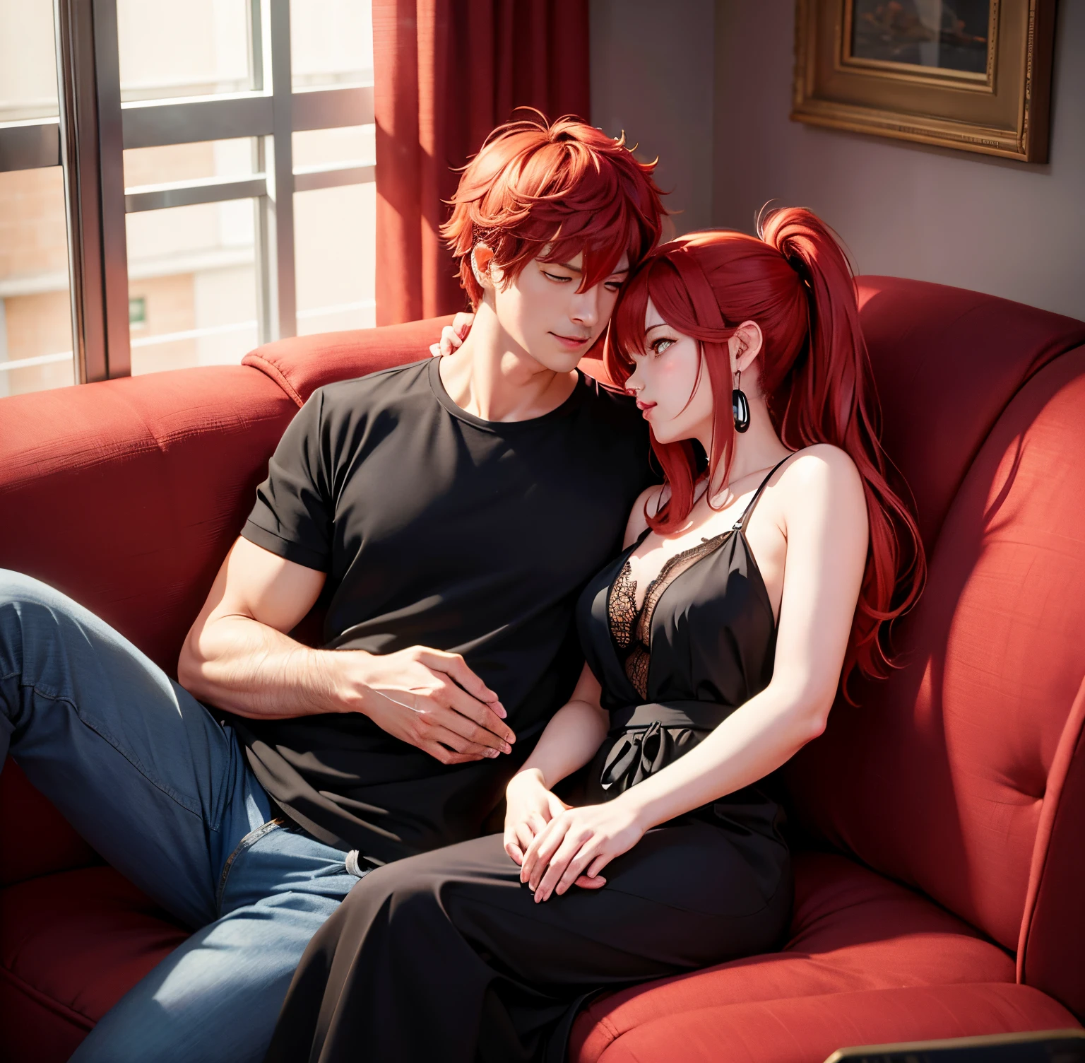 they are sitting on a red couch together and looking at each other, nixeu and sakimichan, artgerm and genzoman, sakimichan and frank franzzeta, ben maier and sakimichan, range murata and artgerm, realistic artstyle, ruan jia and artgerm They are have cat ears