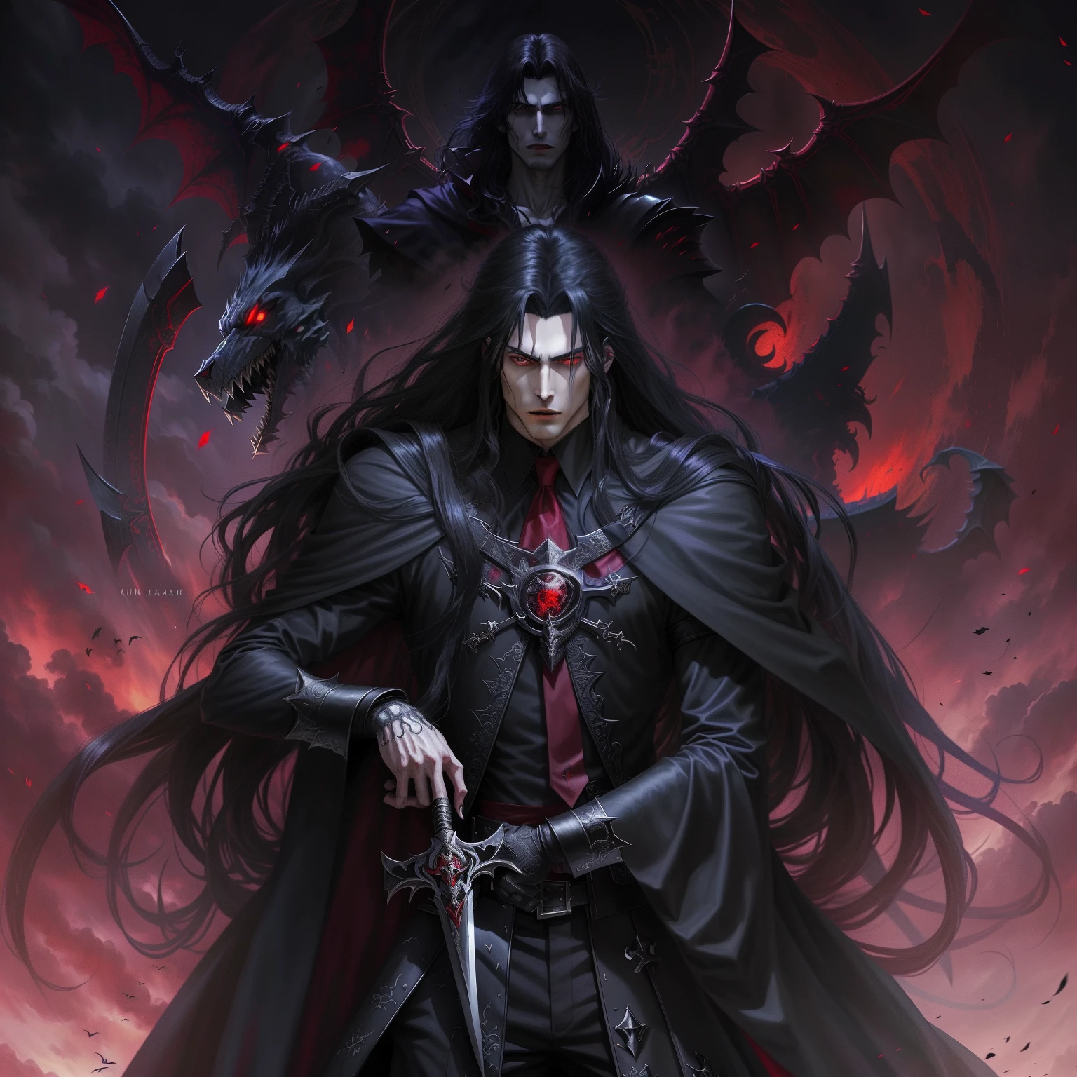 anime - style image of a male vampire with long black hair and a sword, beautiful male god of death, alucard, vampire lord, anime vampires, handsome male vampire, male vampire of clan banu haqim, with red glowing eyes, the king of death, male vampire, the former demon king, dark fantasy style art, l vampire, dark vampire