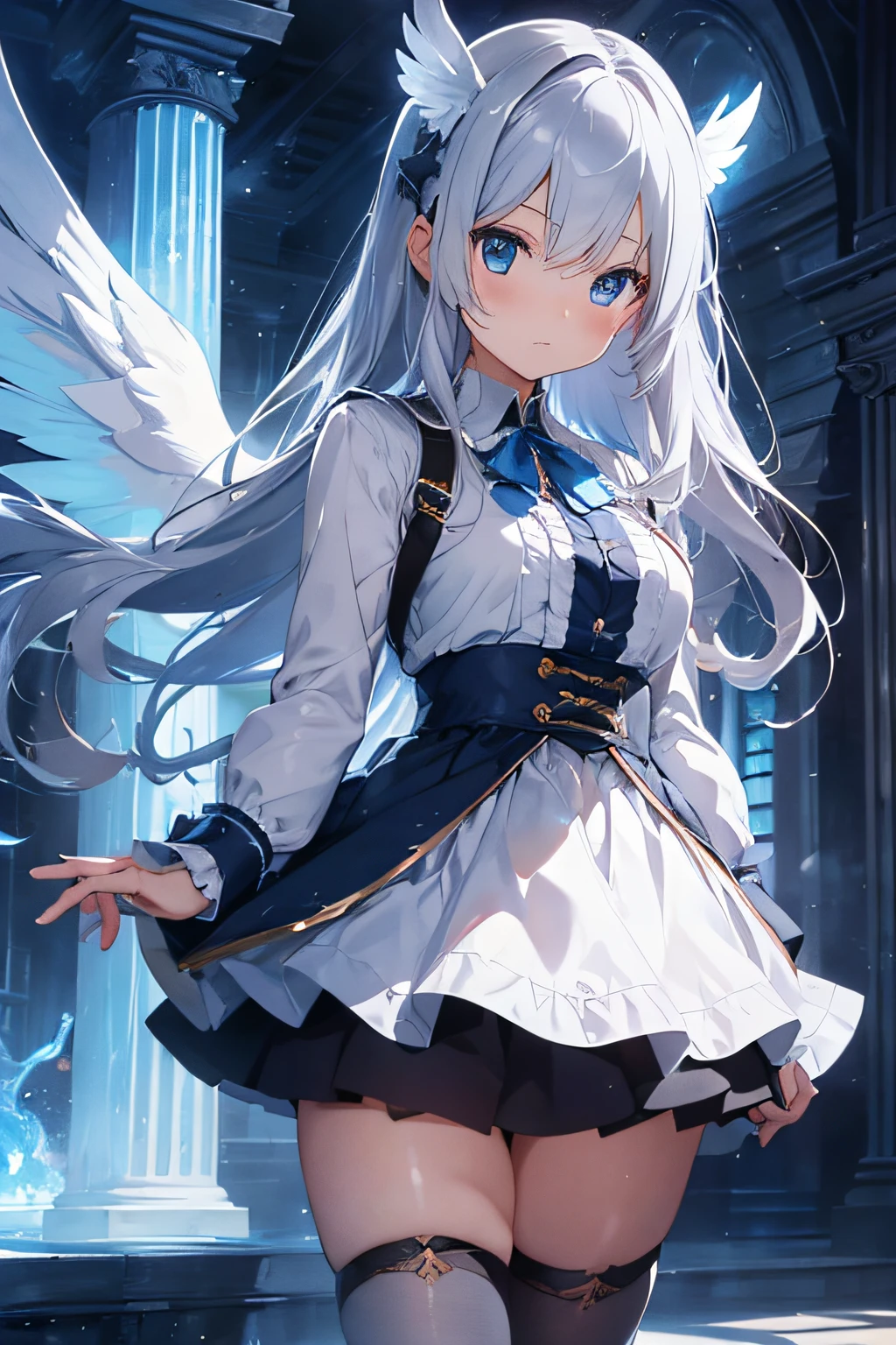 the angel's wings、Silvery hair、Longhaire、In the blue light、fantastic landscape、Serious face、Wizard's Clothing、Full-body figure、skirt by the
