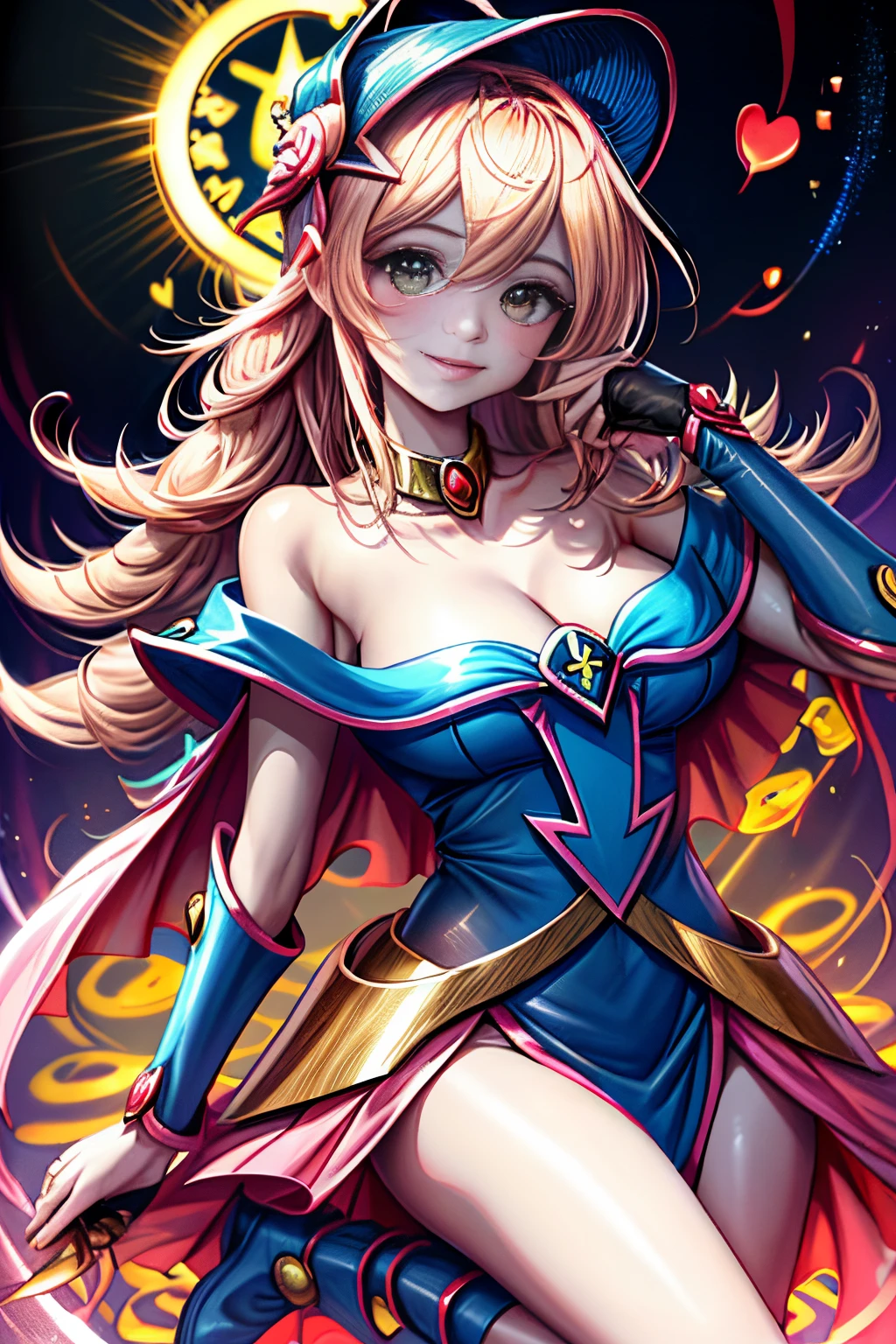 (tmasterpiece, Mejor calidad; 1.3), CG extremadamente detallado, Ultra - detallado, 1 chica Mago negro chica, solamente, smil, Mirando a Viewert, Cachorros elegantes, cabellos largos dorados, eOjos azules,
SV1, Uniforme de chica maga oscura, guantes en el codo, Casco, Los marineros lideran a Rubio, Cintas rojas, collar naranja, Guantes blancos, jewely, de lo anterior,
multiple hearts, Enfoque de cara, Venus, Tornado, Fondos abstractos, heart storm, Hart's Lightning, heart bubbles, heart balls, Estrella de Halt, heart flower, heart light, The world of the heart, heartbackground, Antecedentes de la galaxia, Heart weapons, The halo of the heart, Magia. Black magician girl is hot