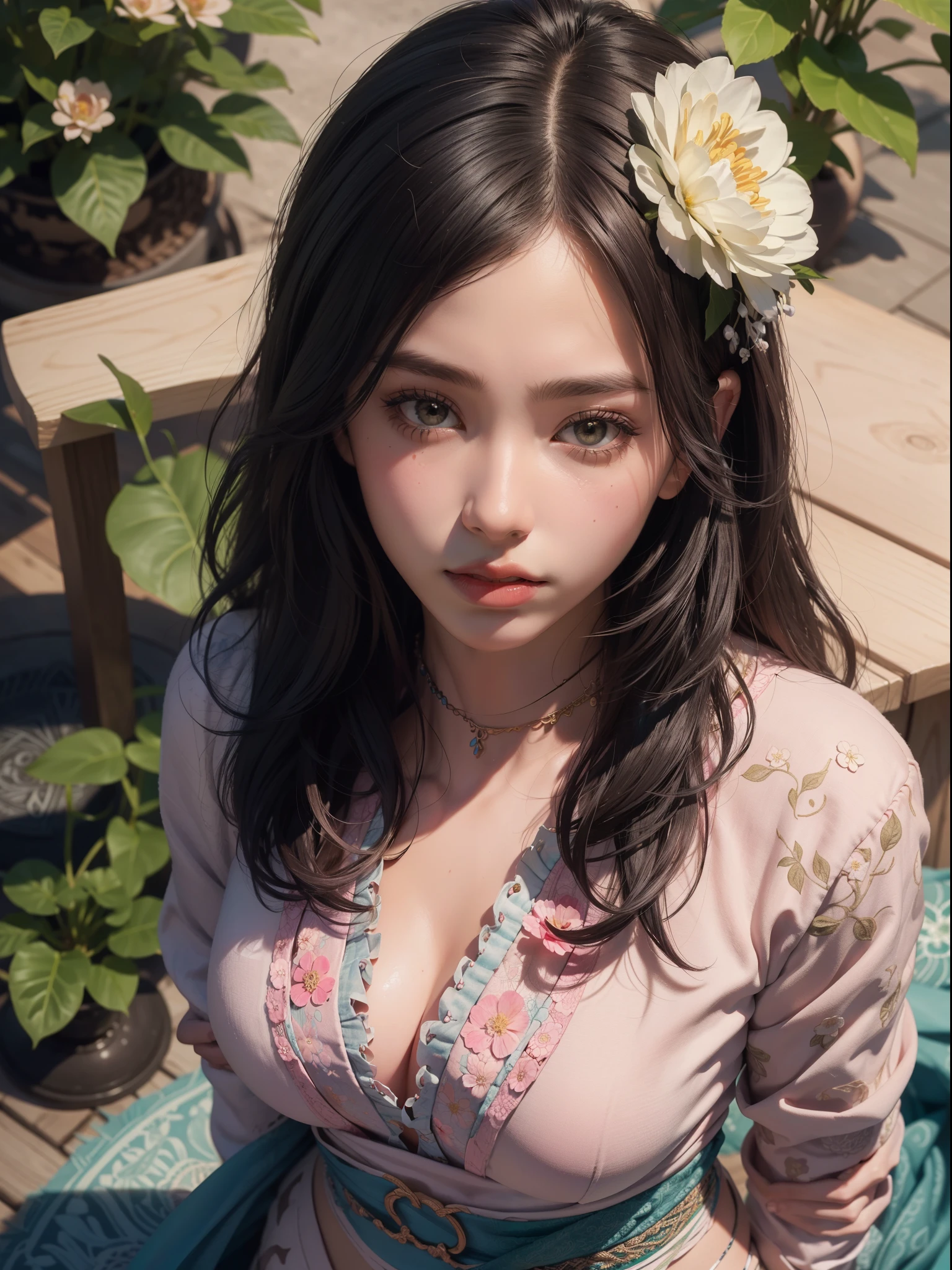 1girl, solo, waist up, from above, (zentangle, mandala, tangle, entangle), (flower blossom:1.2) official art, unity 8k wallpaper, ultra detailed, aesthetic, masterpiece, best quality, photorealistic