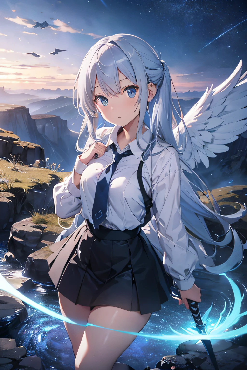 the angel's wings、Silvery hair、Longhaire、In the blue light、fantastic landscape、Serious face、Wizard's Clothing、Full-body figure、skirt by the、are flying、Sword in right hand、Katyusha