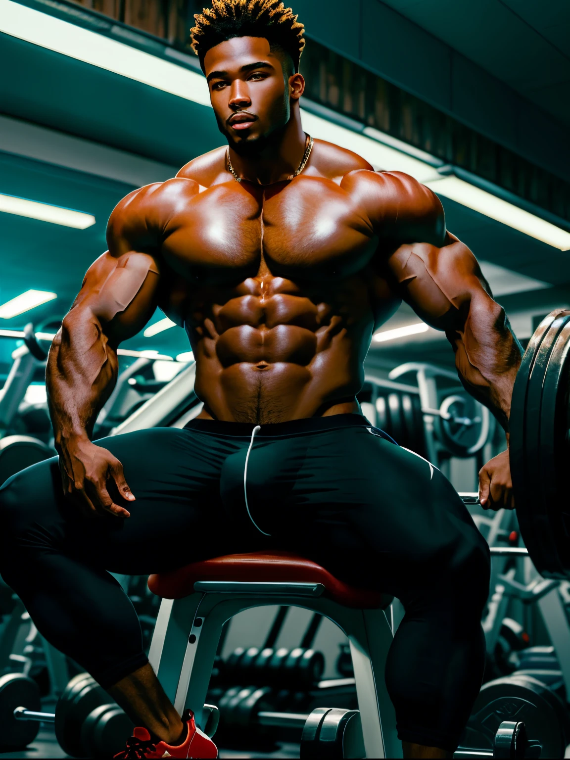 Naked muscular man, black man at the gym at night ruge , man on a seat working out, big , , sexy man naked with a buck