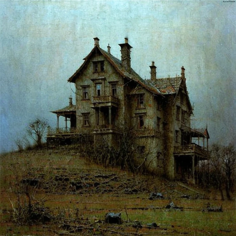 Cottage dark house, elevation house made of corpses human on the hill in style Zdzislaw Beksinski
