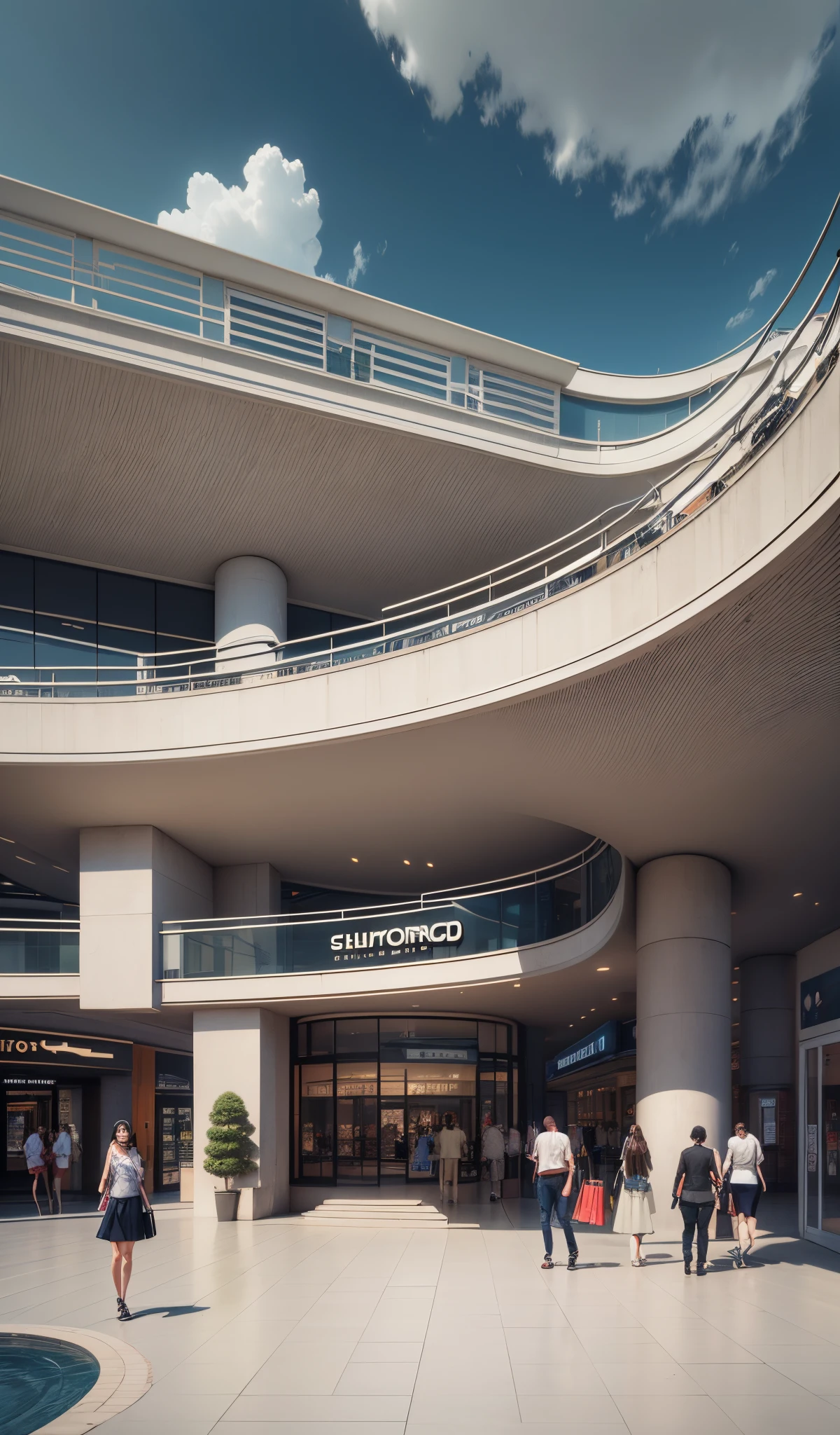 Best quality, masterpiece, super high resolution, ((a shopping mall concept)), **curve concept, somehow 3000 meters square, 2 story level, first floor lower, top floor 2 meters terace, top story microcement grey, view of nature, modern architecture, 4 stair of enterence, 4k, ((high quality)) --auto --s2