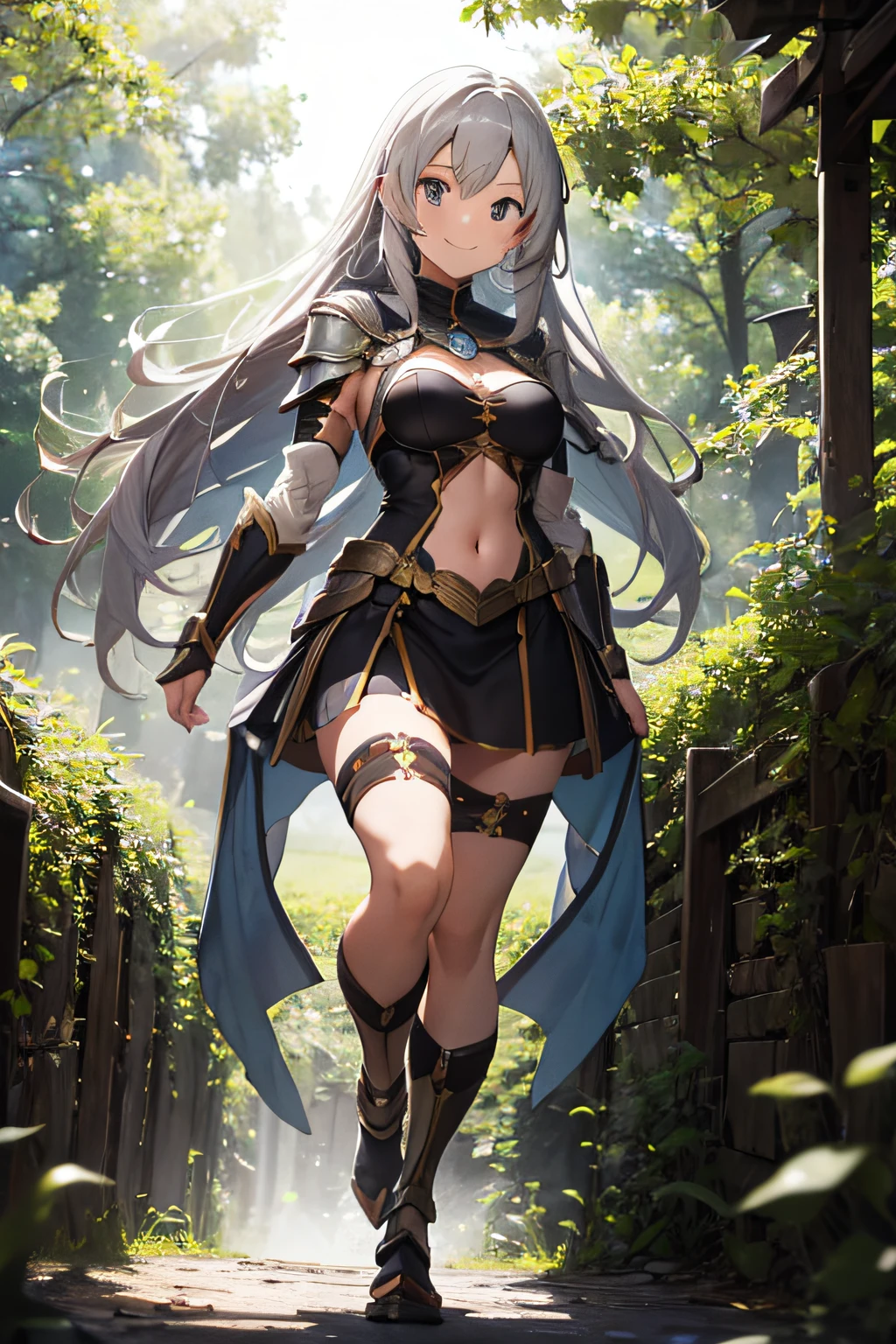 anime artwork medium_breasts,show cleavage,Earrings,(Chinese armor:(gray and metallic:1.3)),Earrings,(Shoulder_armor:1.3),(skirt:1.2),Earrings,(wearing pointy_high-heeled_shoes:1.3),(Stockings strangle legs:1.3), (curvy:1.2),(skinny:1.2), (silvery hair:1.2),(long hair),(black_eyes,Beautiful and delicate eyes),(flower hair clip:1.3),(Floral ornament:1.1), (pine trees:1.4),(Tents in the distance:1.3), (masterpiece:1.2),(solo:1.2),full_shot,fullbody,full_body,intricate detail,ultra-detailed,an extremely delicate and beautiful,best quality,watercolorbg, soft, . anime style, key visual, vibrant, studio anime, highly detailed