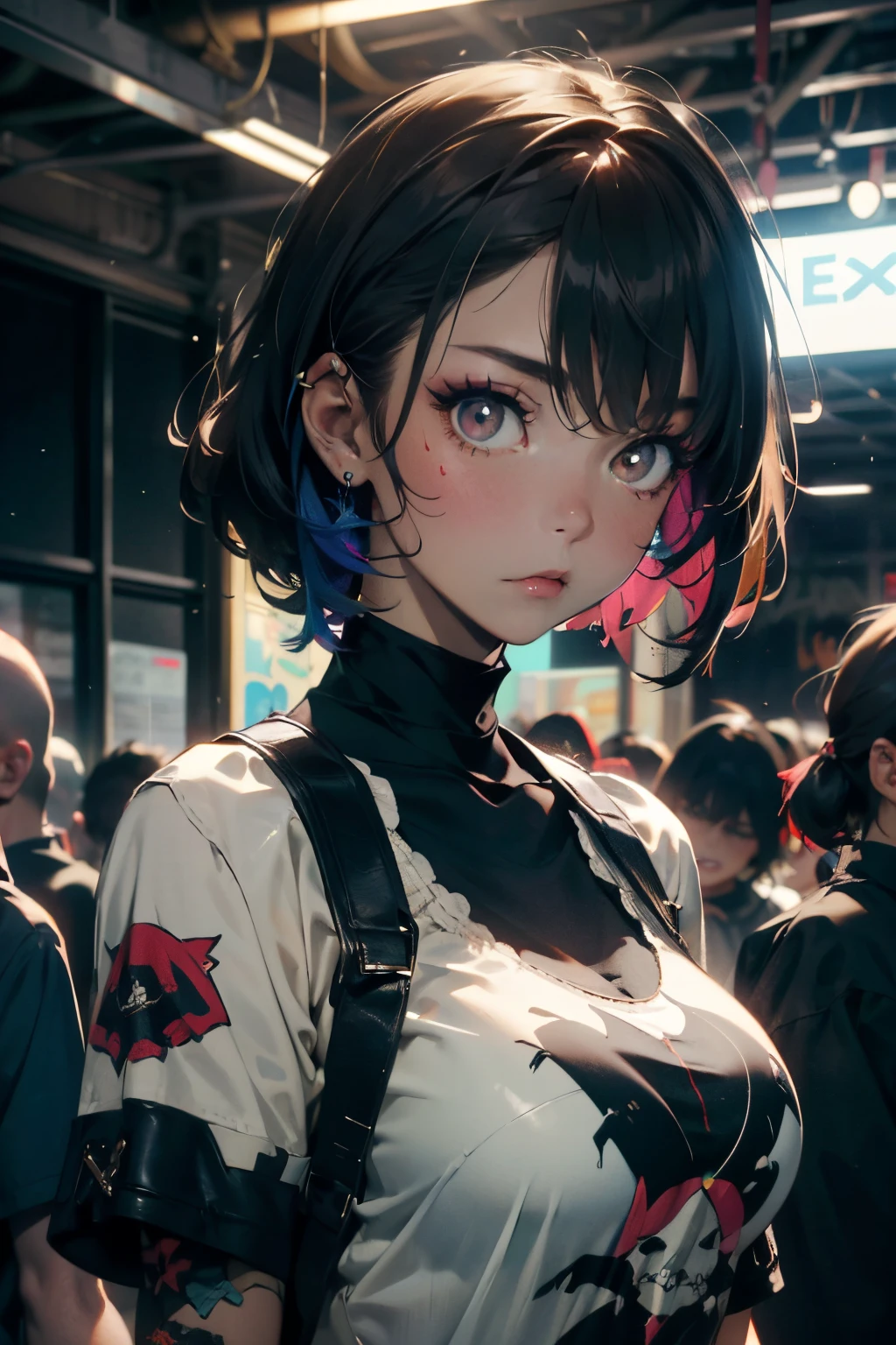 a 20 yo woman、A dark-haired、(hi-top fade:1.3)、dark themed、Muted Tones、Subdued Color、highly contrast、(natural skin textures、Hyper-Realism、Soft light、sharp)、(masutepiece:1.2, Best Quality), (real picture, Intricate details), (1lady, Solo, Upper body, Big Tits)
Clothes: Edgy, Avant-garde, experimental
appearance: Shaved head or bold hair color, Dramatic makeup, Unconventional fashion choices
behavior: defiance, non-conformist, place of provocation: urban art district, Underground Music Scene
hobby: attending punk shows, creating mixed media art, Try different subcultures
values: individuality, authenticity, Creative Expression Inspiration: Punk rock music, Counterculture icons, Characters of the avant-garde movement: Bold, boldness, Unconventional.,succubus,