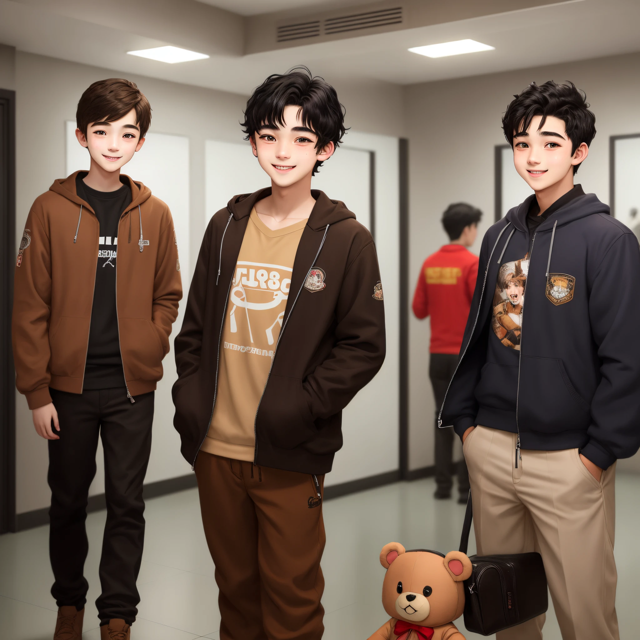  teenager Boy in a brown teddy custume and black hair and dark brown eyes, cute smile, tall