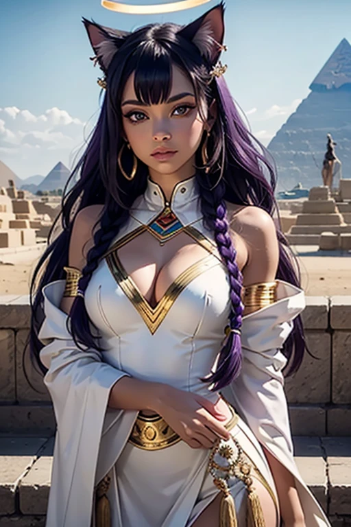 Déesse Egyptienne, Bastet, White Toga, Jewel Dorée, oreilles de chat, Dark and Purple hair, Braided long hair, , belle poitrine, clivage, Charismatic character, In front of a pyramid, Avatar de seconde vie, Nice screenshot, Femme seduisante vue complète du corps, High quality, very detailed skin,