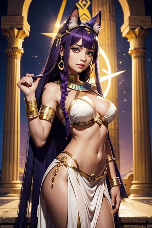 Déesse Egyptienne, Bastet, White Toga, Jewel Dorée, oreilles de chat, Cat tails; Halo of light around her, Dark and Purple hair, Braided long hair, , belle poitrine, clivage, Charismatic character, In front of a pyramid, Avatar de seconde vie, Nice screenshot, Femme seduisante vue complète du corps, High quality, very detailed skin