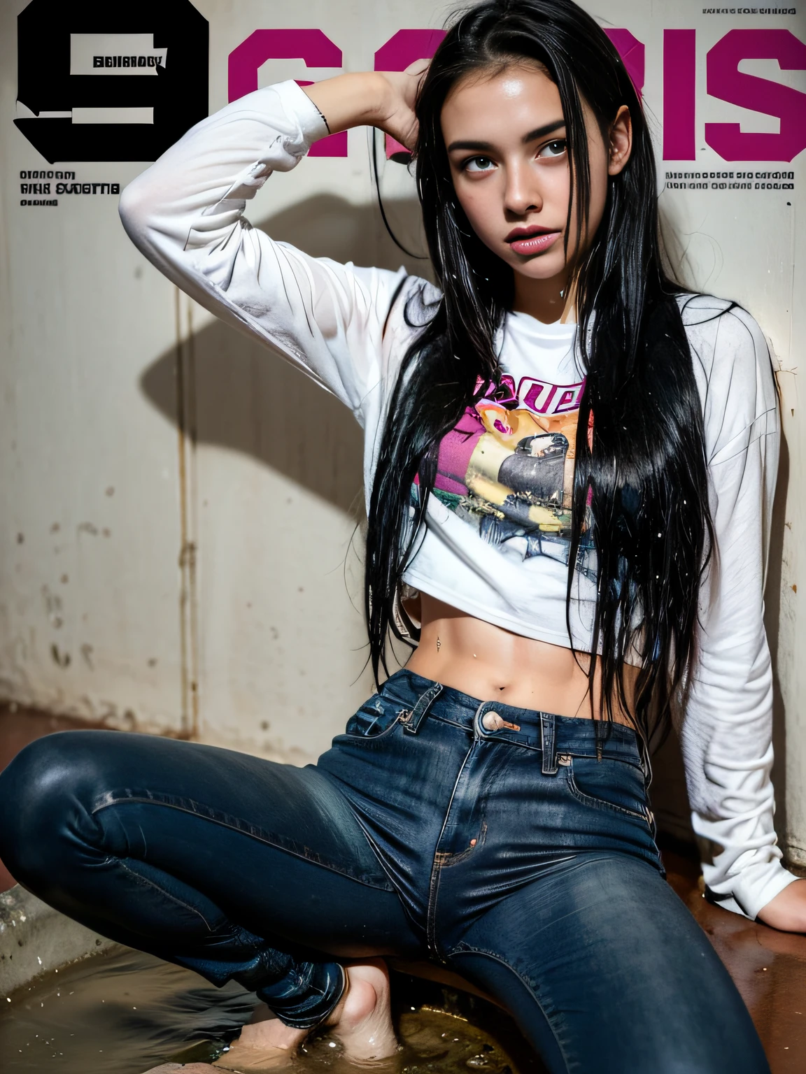 Girls magazine cover, with the image of a vicious girl, collage, Wide flares on jeans:1.2, despair+ecstasy, Girl 18 years old, (((young ager))), 90&#39;style of:1.3, with the image of a vicious girl, Jeans, drown in a dirty hole:1.3, Completely Body, Soaking wet clothes, Attention-grabbing , heading, stylish, font, memorable, heading, big,