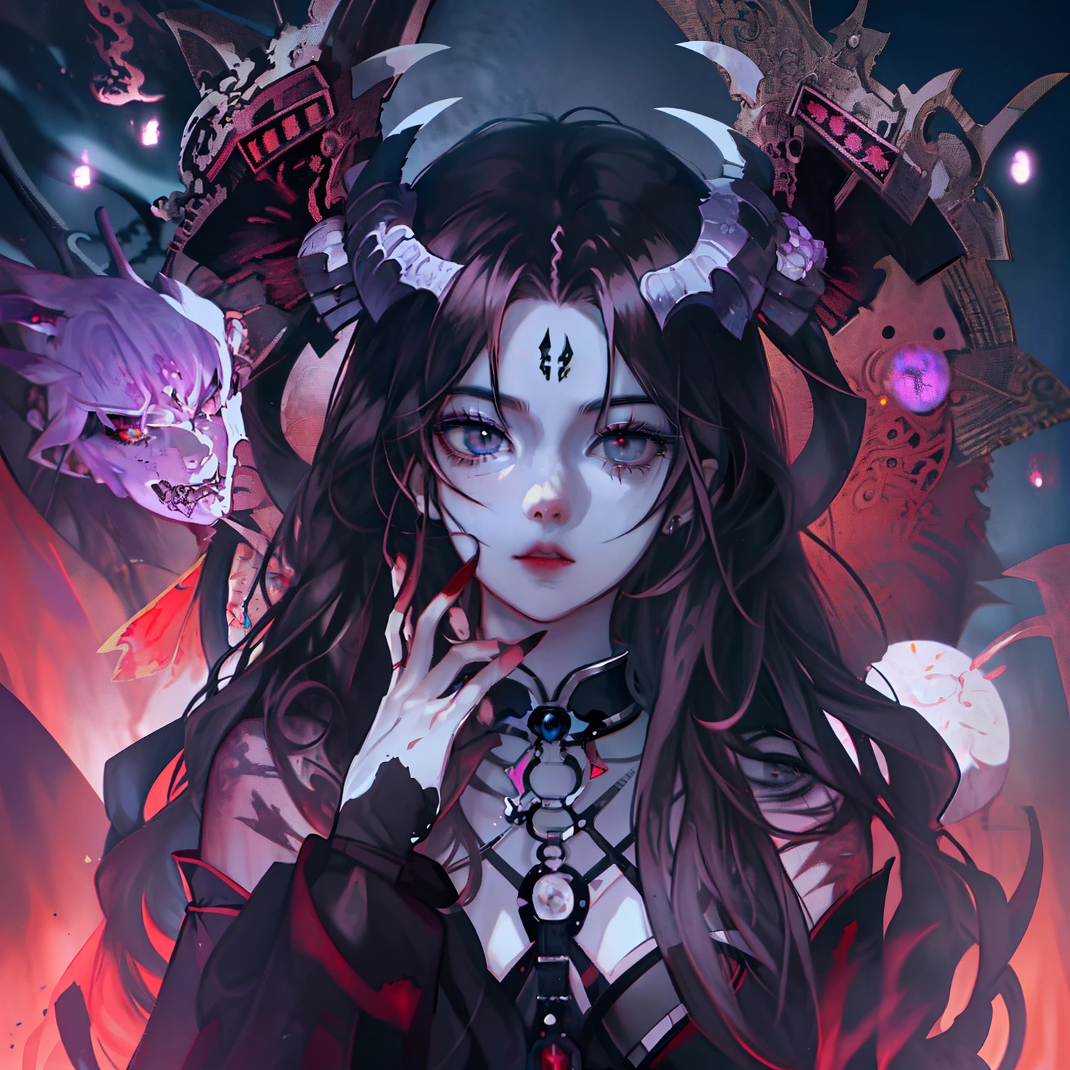 Black hair with black and red horn-red locks-almost pale white skin-face and perfect hands-outfit black and long red dress-with a seductive and sexy look