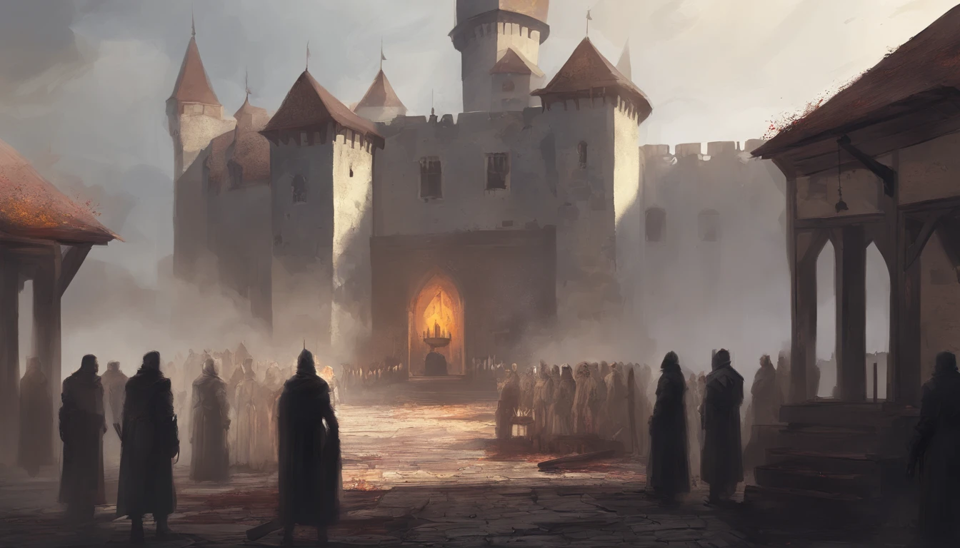 medieval castle courtyard on a cloudy day with cold yellow sunlight. There is an public execution and the air smells of blood and death. people are beheaded on a wooden platform. There are bloody corpses next to the platform. There are people around the area watching the beheading.
