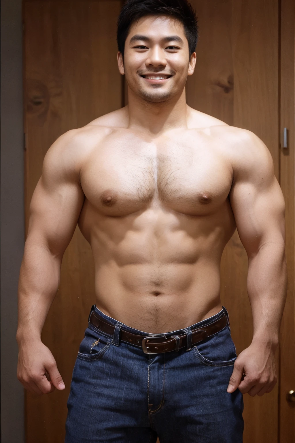 Hot Asian , wearing white underwear,big chest , hairy chest , smiling