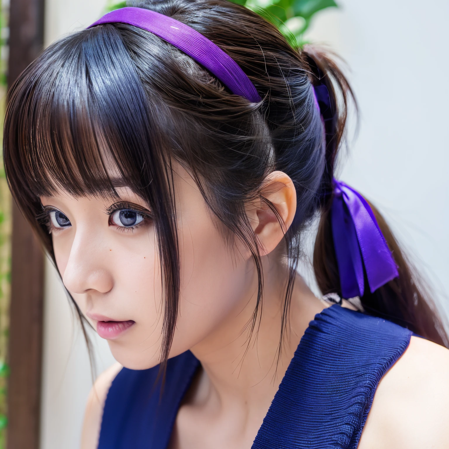 Best Quality, masutepiece, hight resolution, Solo, {kawasaki_Saki_Yahari Oleno Sishun Love Kamwa Machi Gattail:1.15}, Ponytail, long_hair, Blue_hair, Mole, _Under_eye, Purple_Eyes, 1girl in, Closed_Eyes, Scrunchie, ssex、I have a in my