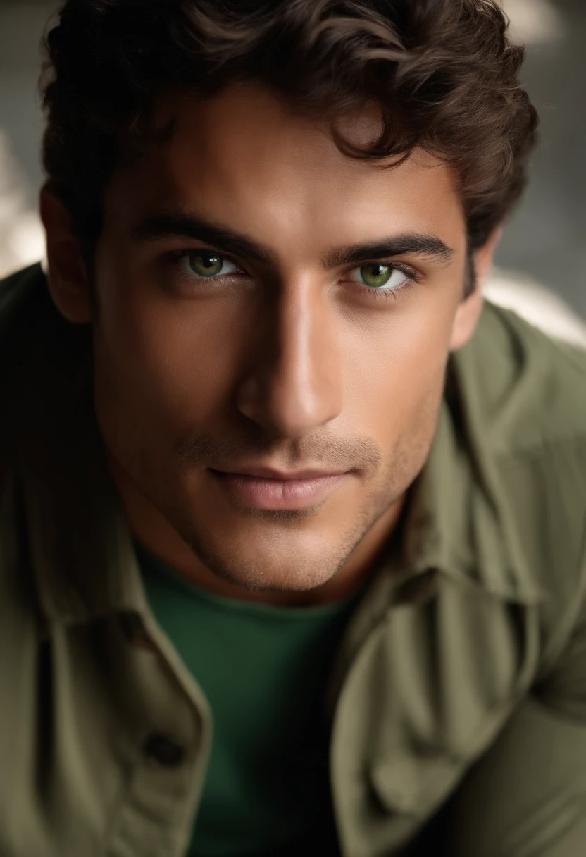 jovem masculino,meio corpo,realista,natural,feliz ,30 anos,olhos verdes,moreno claro,aventureiro