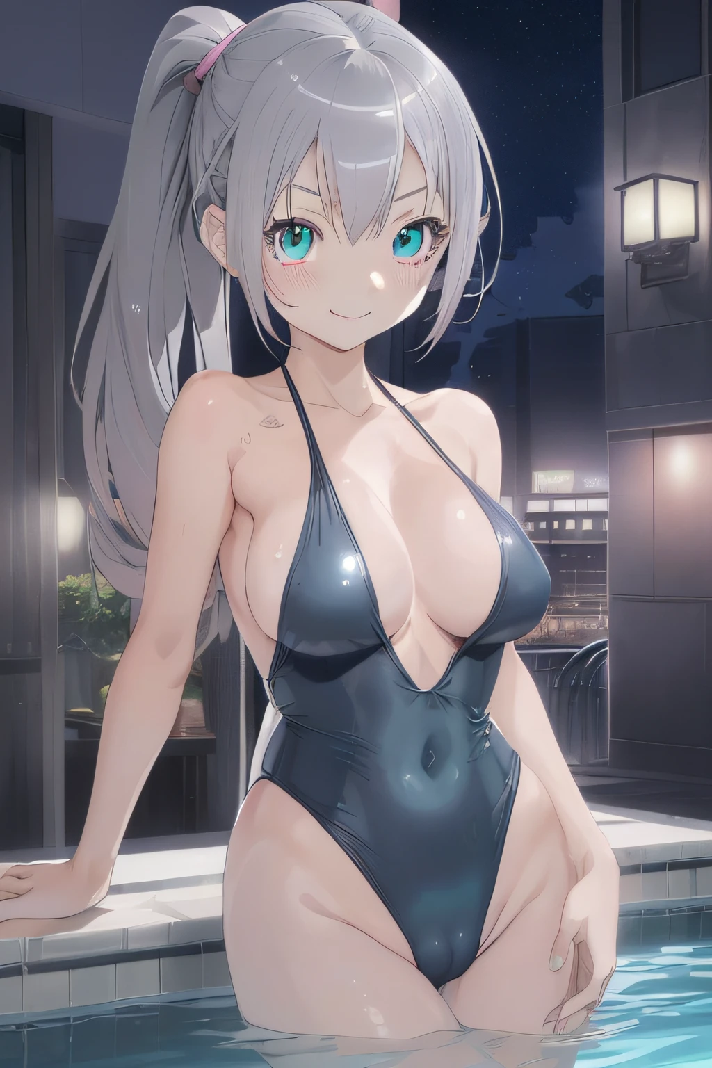 ((masutepiece)),(Gray swimming,Cat girl with bare back(Big breasts),glistning skin, BREAK (Silver hair,poneyTail),Beautiful detailed eyes,aqua eyes,18year old,Long hair,Smile,Delicate beautiful face,Night,Lively hotel,stardust,Moonlight、Pink Swimsuit