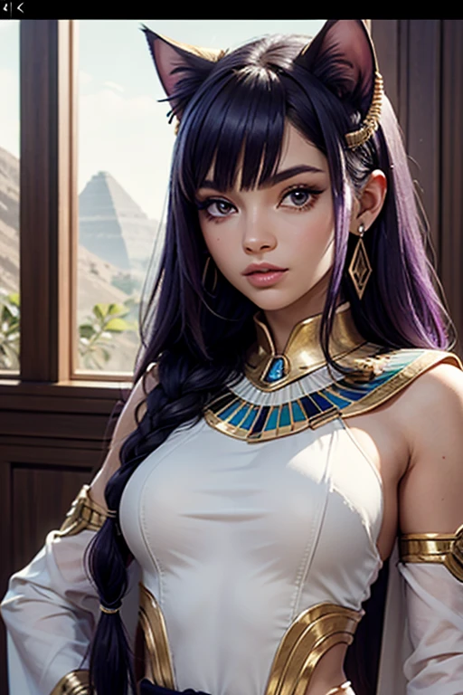 Déesse Egyptienne, Bastet, White Toga, Jewel Dorée, oreilles de chat, Cat tails; Dark and Purple hair, Braided long hair, , belle poitrine, clivage, Charismatic character, in a Halo of Light, Avatar de seconde vie, Nice screenshot, Femme seduisante vue complète du corps, High quality, very detailed skin